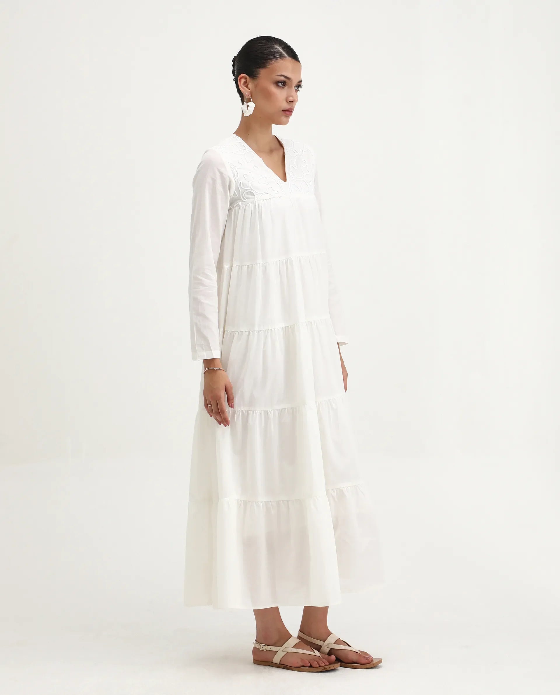 Rareism Women's Janear Beige Cotton Round Neck Plain Maxi Flared Dress