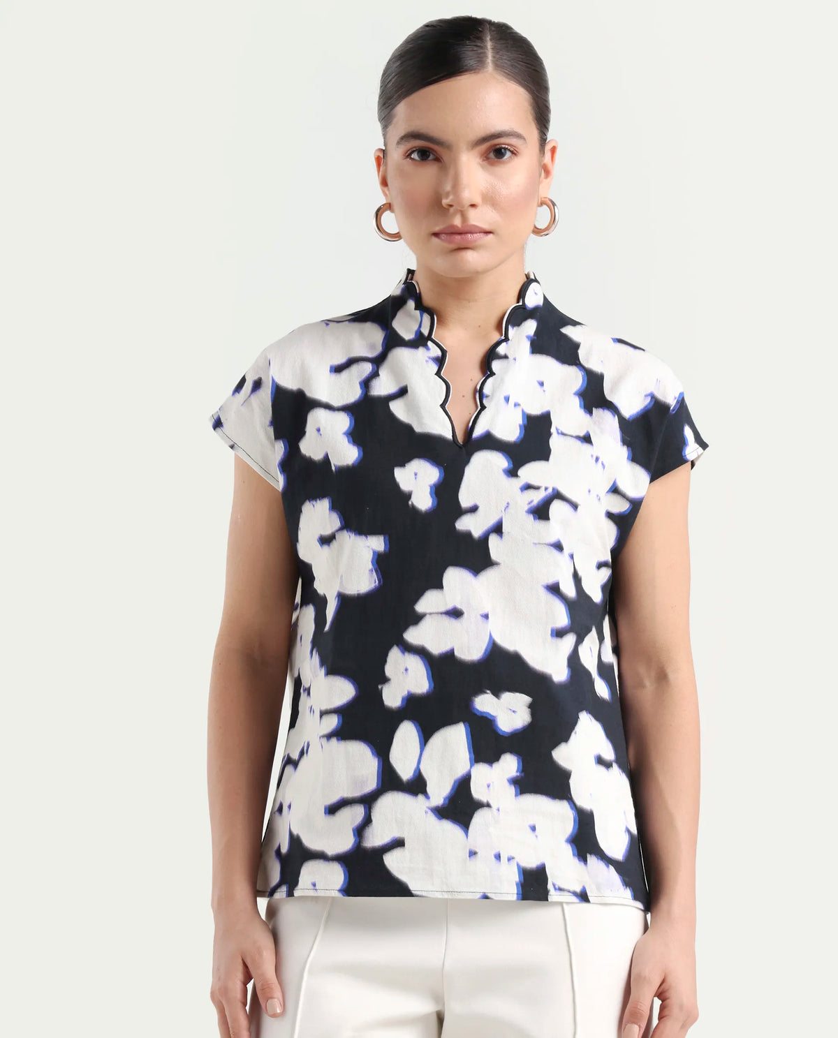 Rareism Women's Janfara T Black Cotton V-Neck Abstract Print Extended Sleeves Regular Fit Top