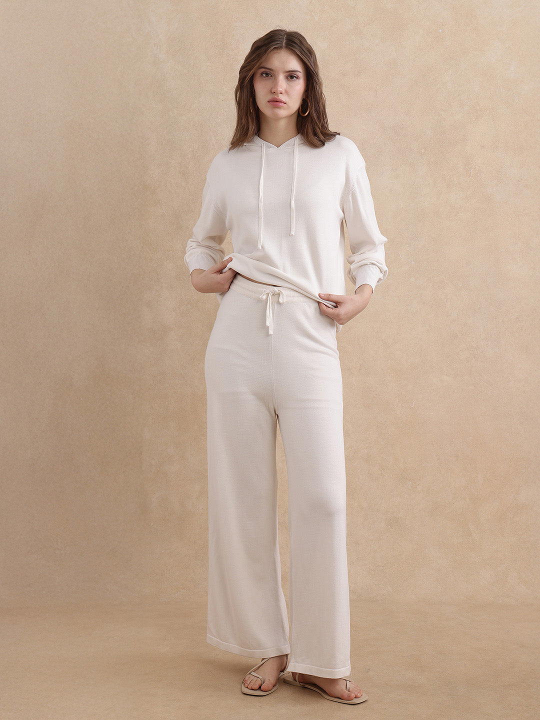 Rareism Women Janfinn-B Off White Viscose Polyester Fabric Tie-Up Closure Wide Fit Plain Trouser