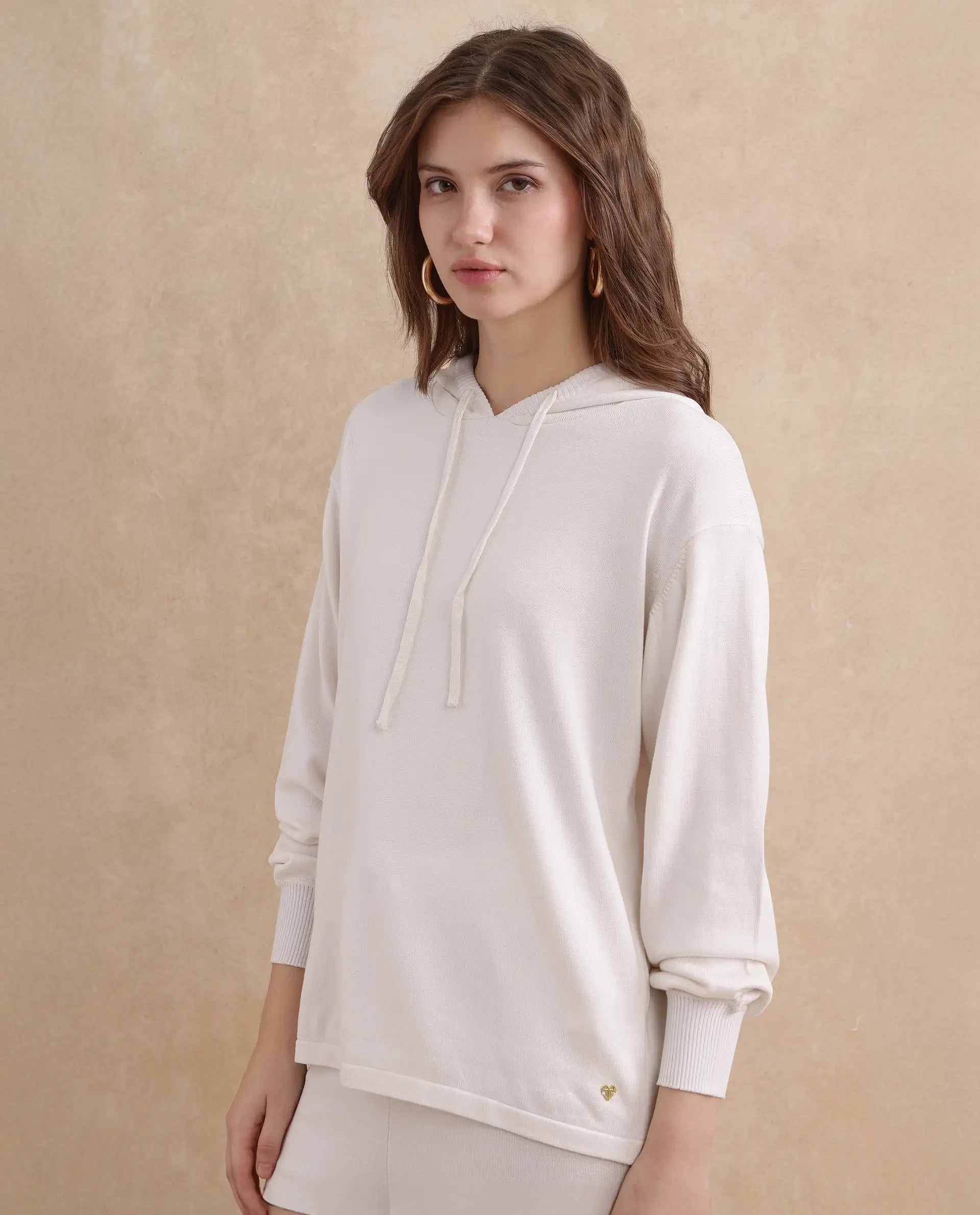 Rareism Women's Janfinn T Off White Viscose Blend Hooded Plain Relaxed Fit Top