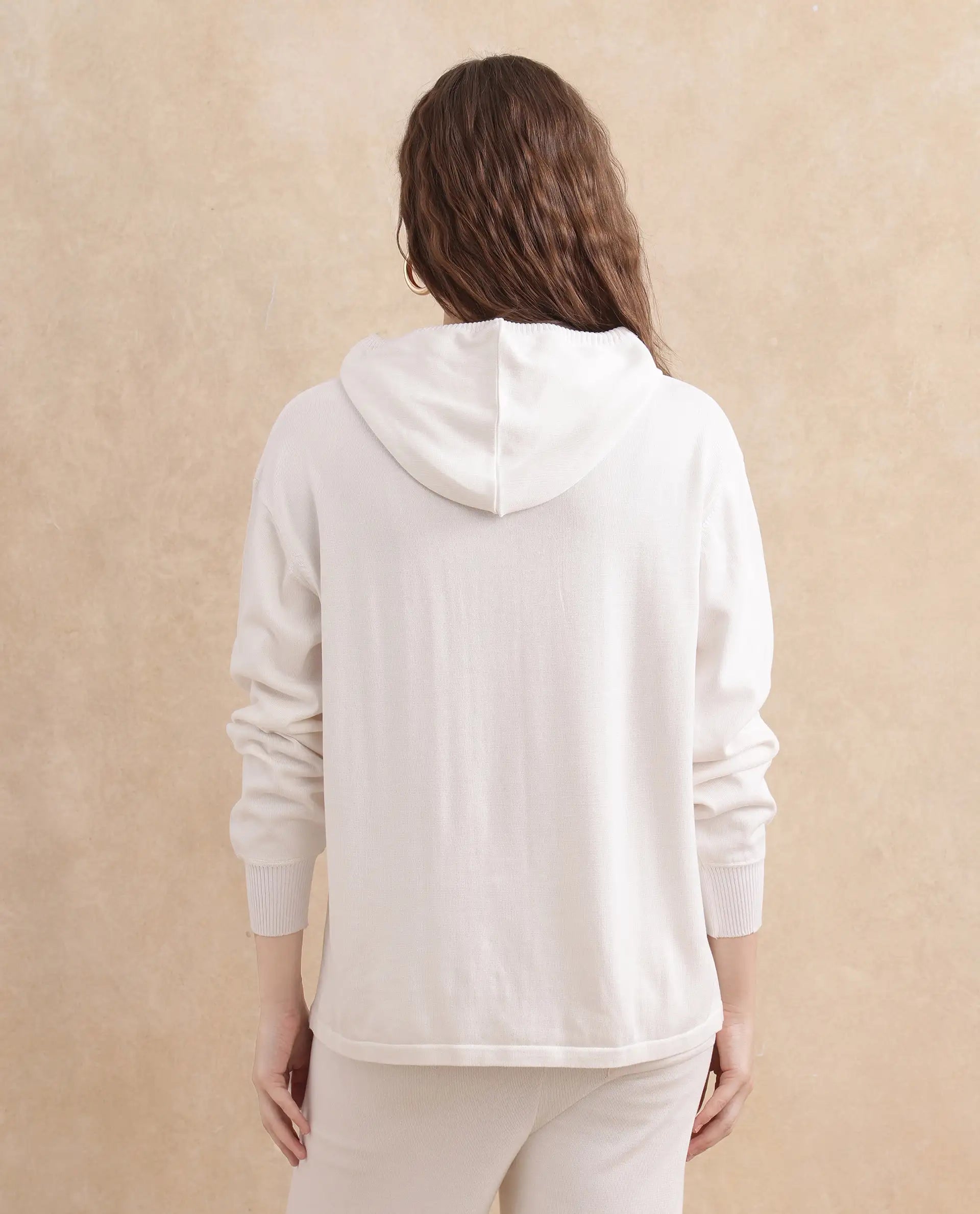 Rareism Women's Janfinn T Off White Viscose Blend Hooded Plain Relaxed Fit Top
