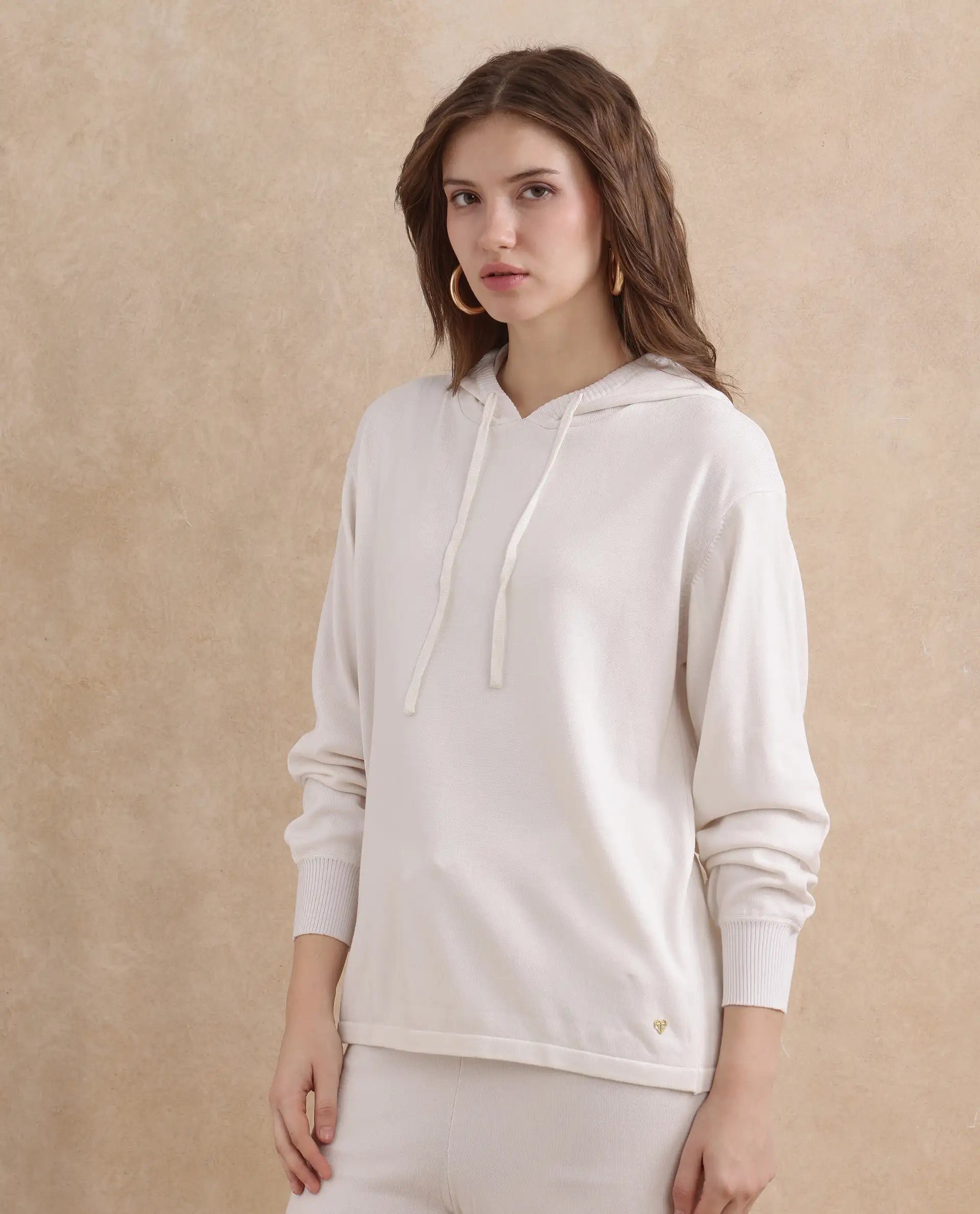 Rareism Women's Janfinn T Off White Viscose Blend Hooded Plain Relaxed Fit Top