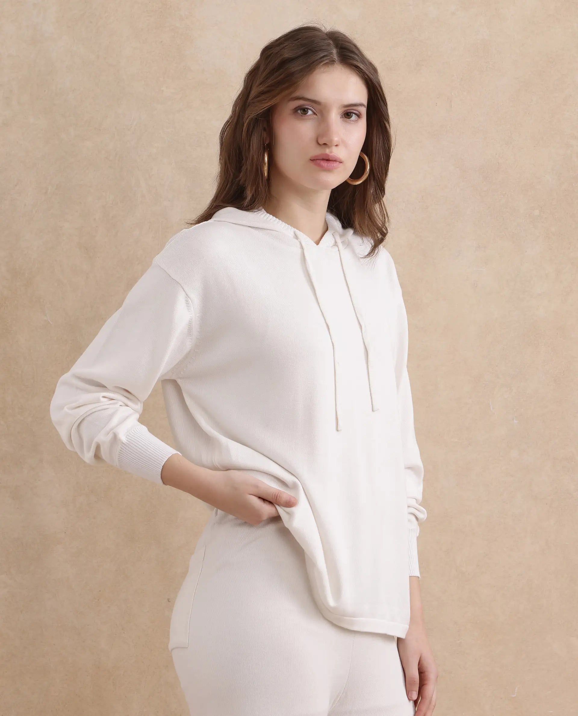 Rareism Women's Janfinn T Off White Viscose Blend Hooded Plain Relaxed Fit Top