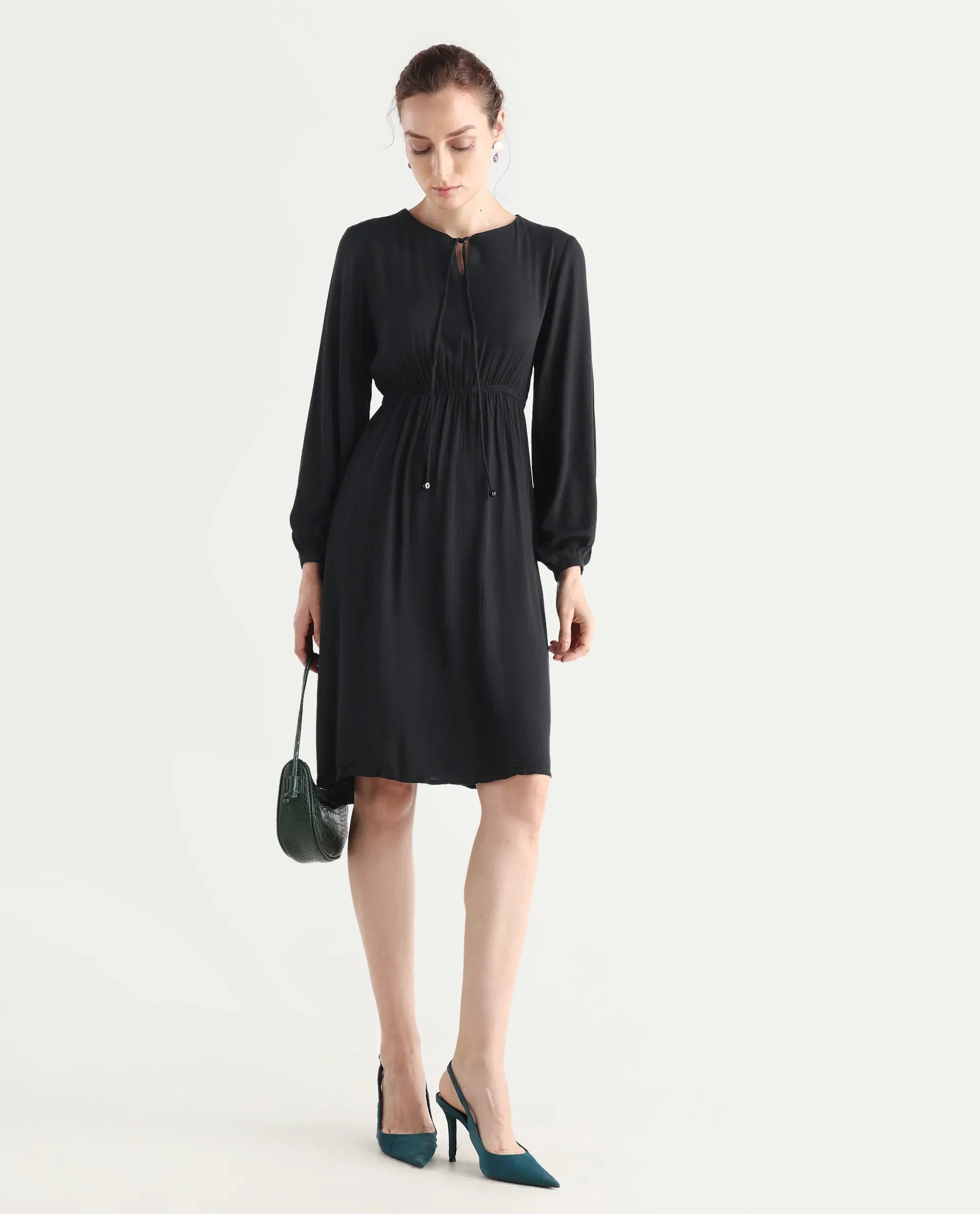 Rareism Women's Janog Black Cotton Tie-Up Neck Plain Bishop Sleeve Knee Length Fit And Flare Dress