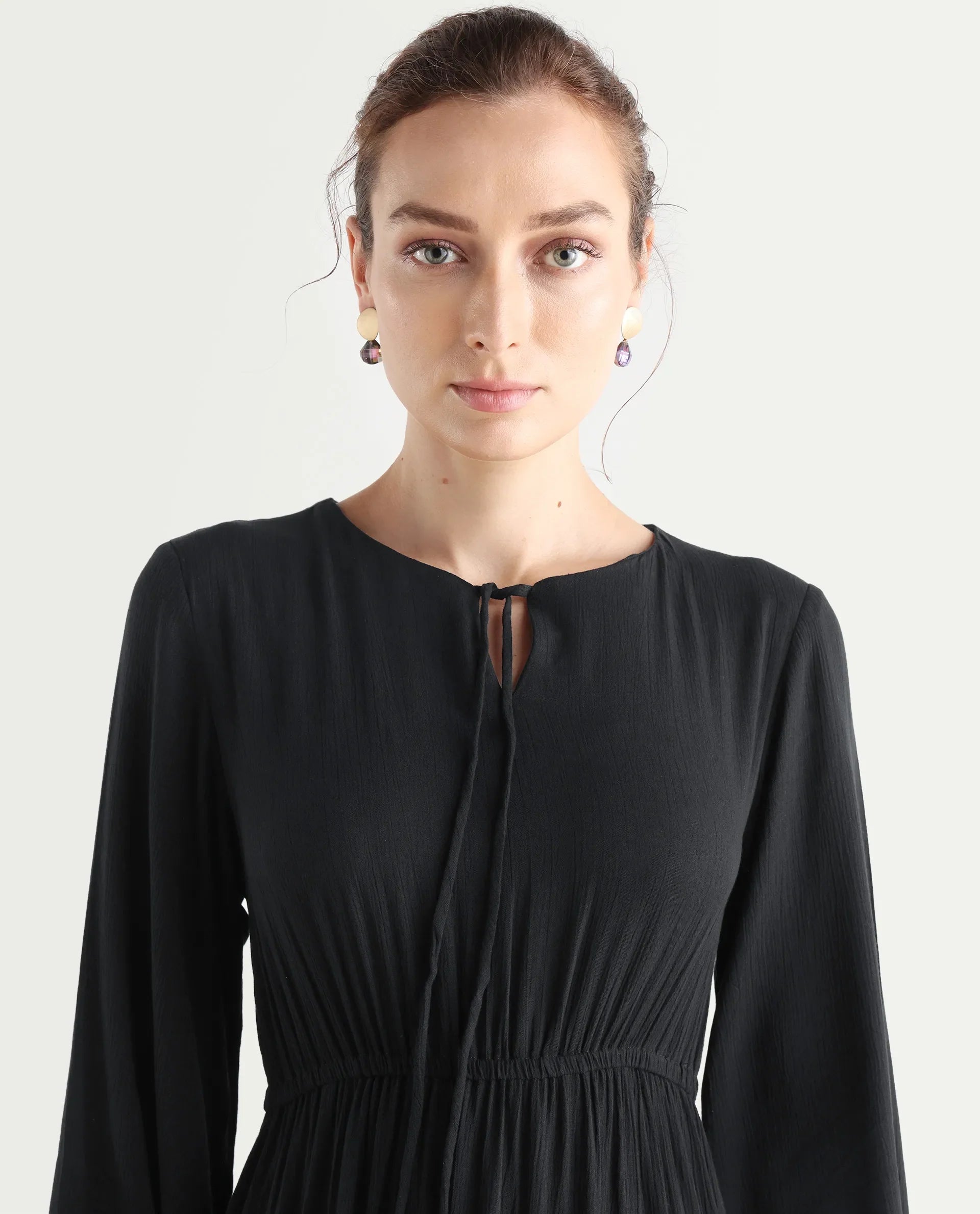 Rareism Women's Janog Black Cotton Tie-Up Neck Plain Bishop Sleeve Knee Length Fit And Flare Dress