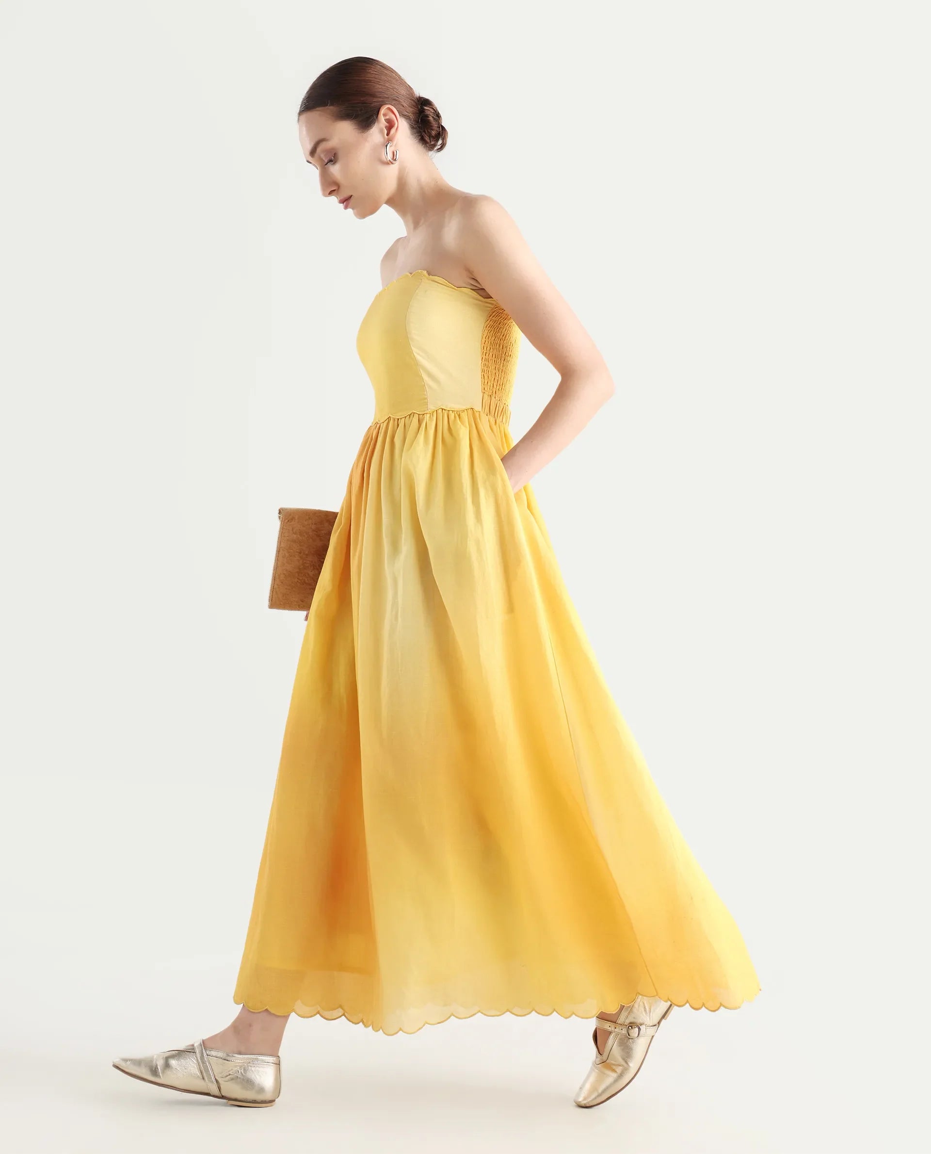 Rareism Women's Janholo Light Mustard Cotton Blend Tube Neck Ombre Sleeveless Maxi Fit And Flare Dress