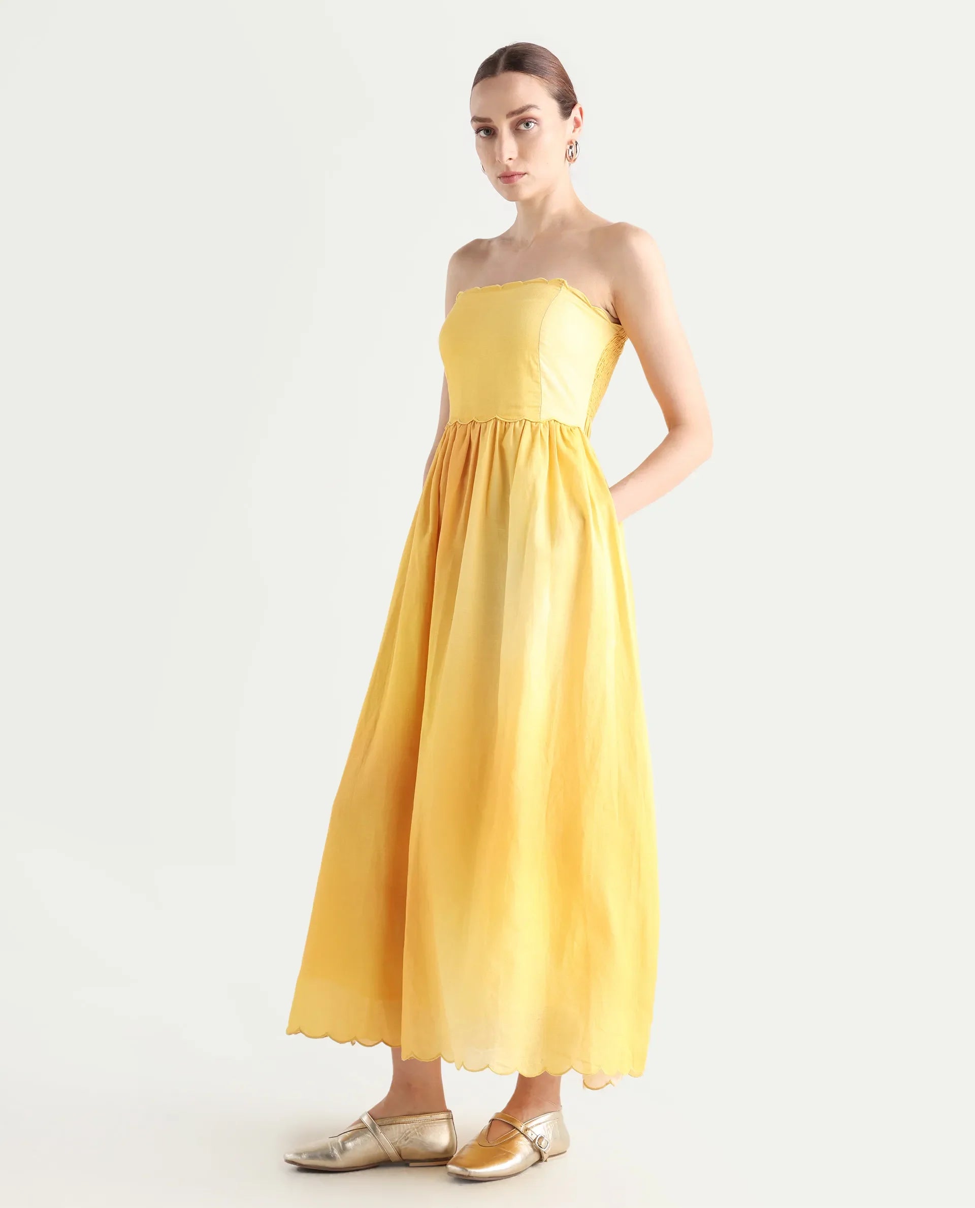 Rareism Women's Janholo Light Mustard Cotton Blend Tube Neck Ombre Sleeveless Maxi Fit And Flare Dress