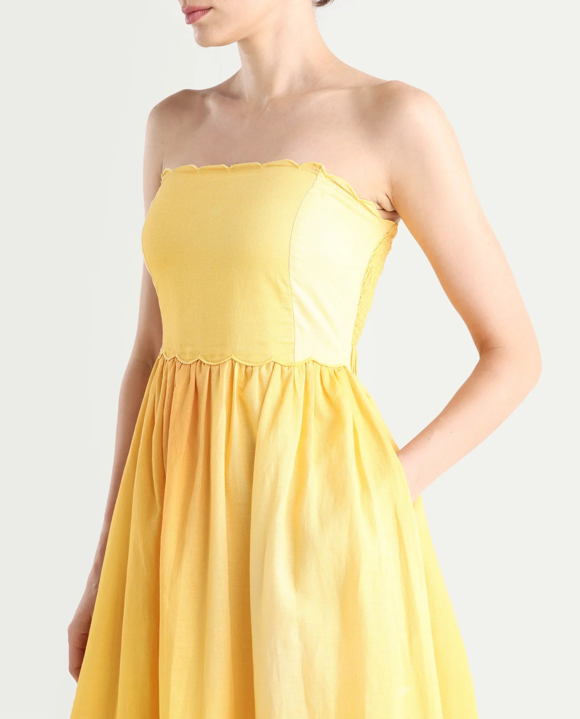 Rareism Women's Janholo Light Mustard Cotton Blend Tube Neck Ombre Sleeveless Maxi Fit And Flare Dress