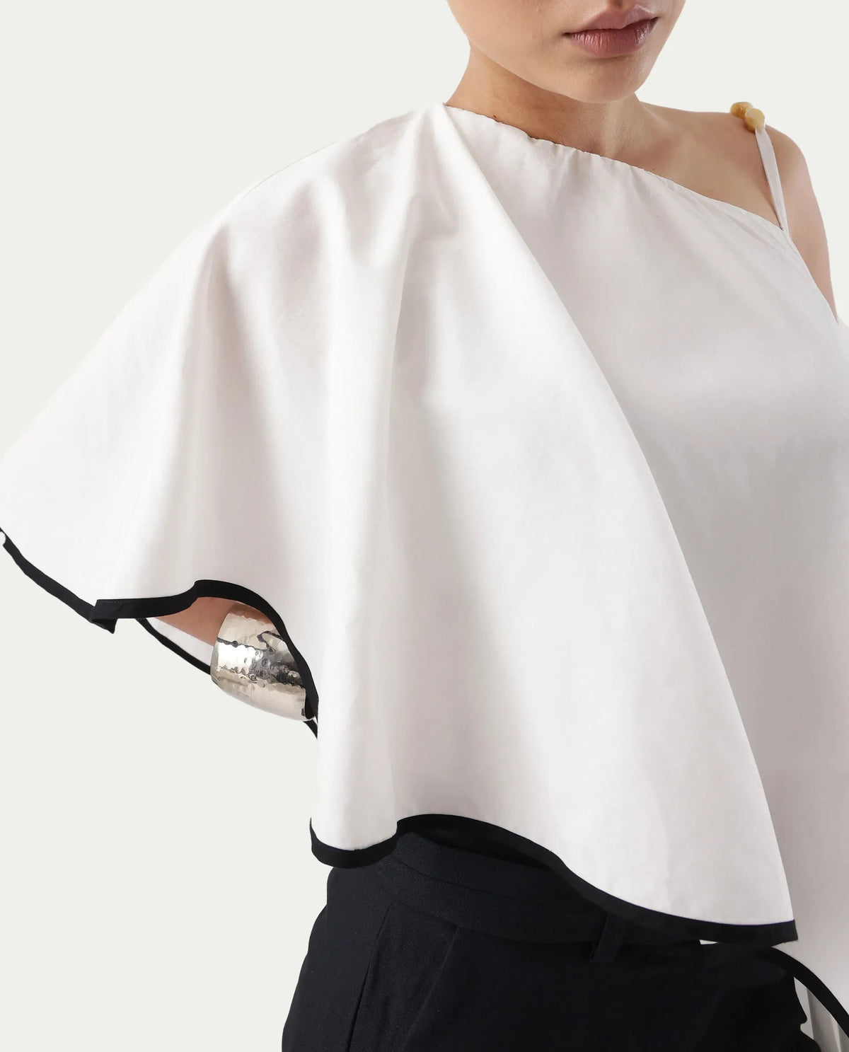 Rareism Women's Janhuna Beige Modal One Shoulder Plain Extended Sleeves Long Regular Fit Top