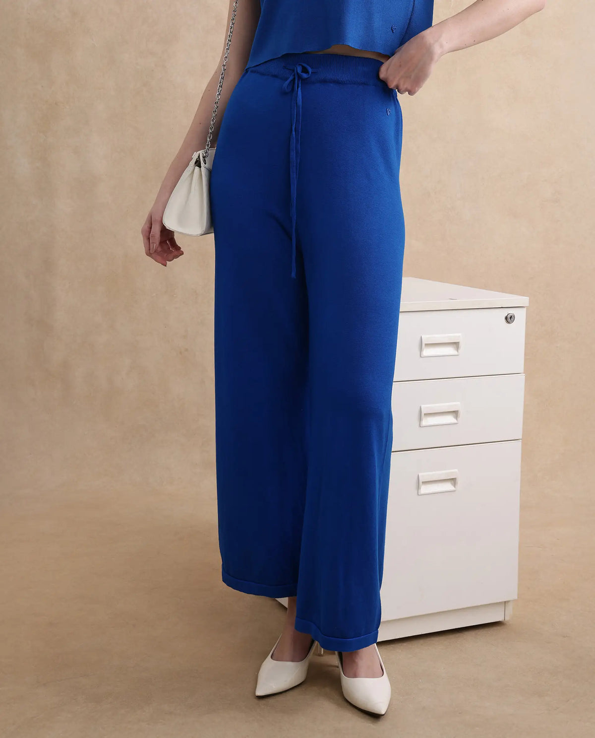 Rareism Women Jankara-B Blue Rayon Nylon Fabric Straight Fit Ankle Length Plain Trouser