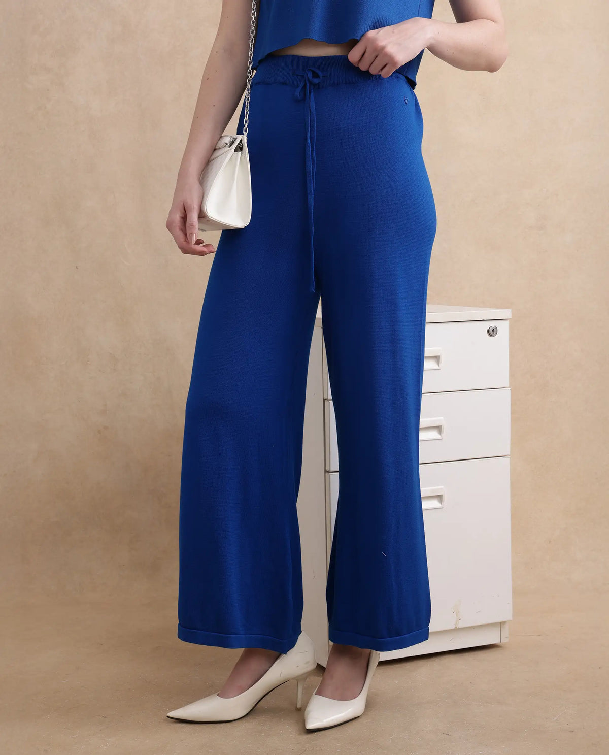 Rareism Women Jankara-B Blue Rayon Nylon Fabric Straight Fit Ankle Length Plain Trouser