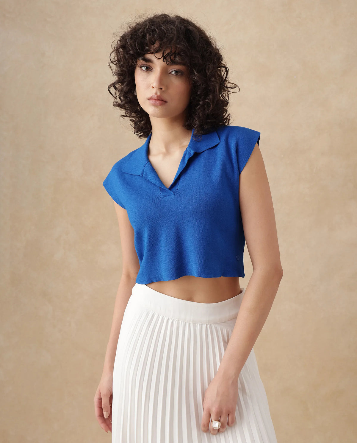 Rareism Women's Jankara T Blue Viscose Blend Johnny Collar Plain Extended Sleeves Crop Regular Fit Top