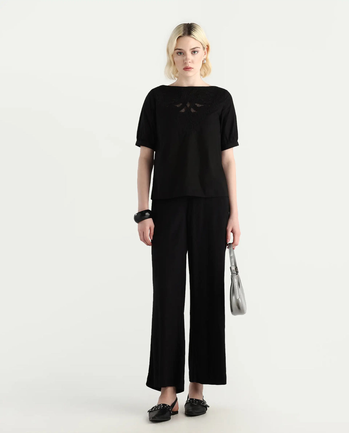 Rareism Women's Janla Black Cotton Boat Neck Embroidered Regular Fit Top