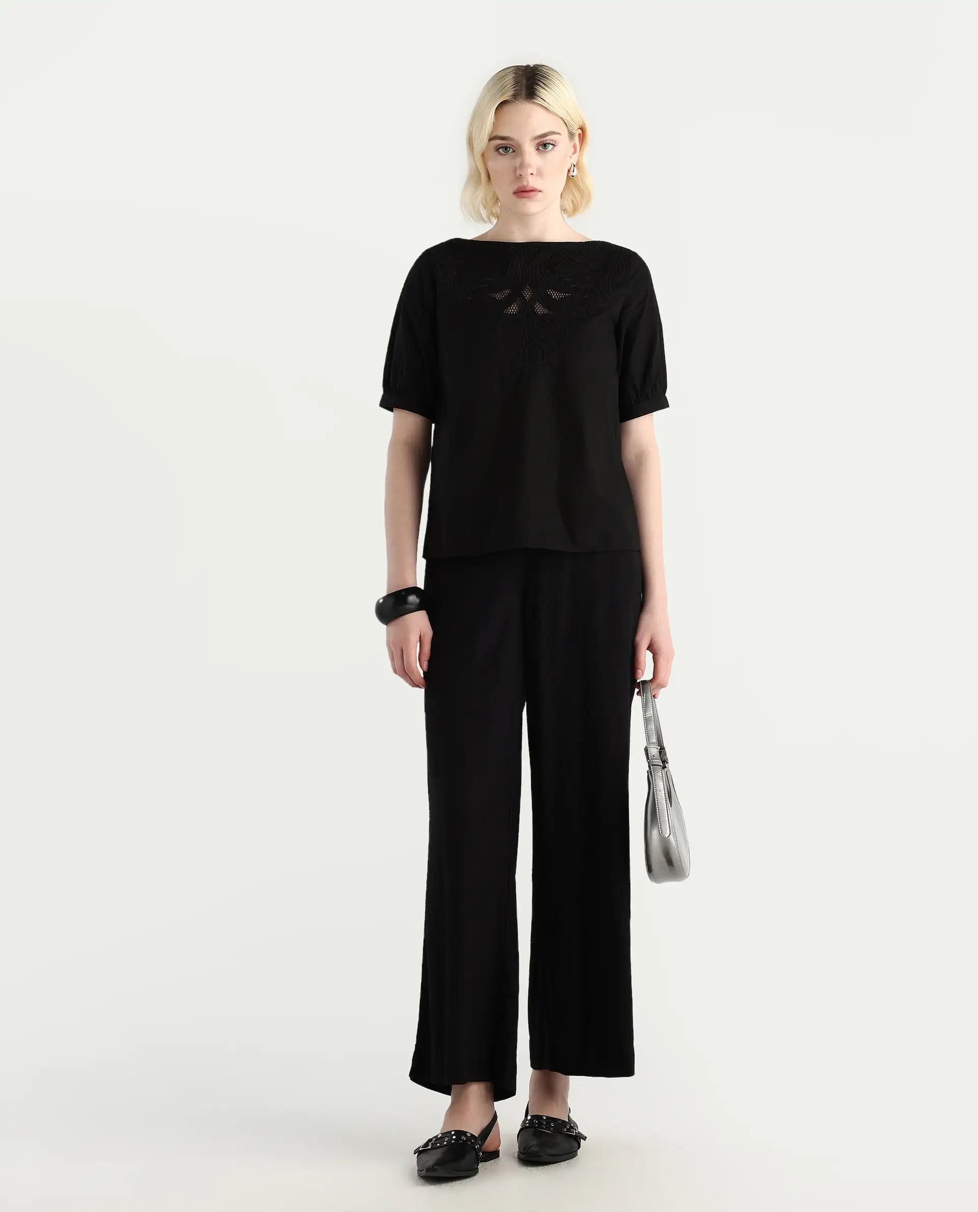 Rareism Women's Janla Black Cotton Boat Neck Embroidered Regular Fit Top