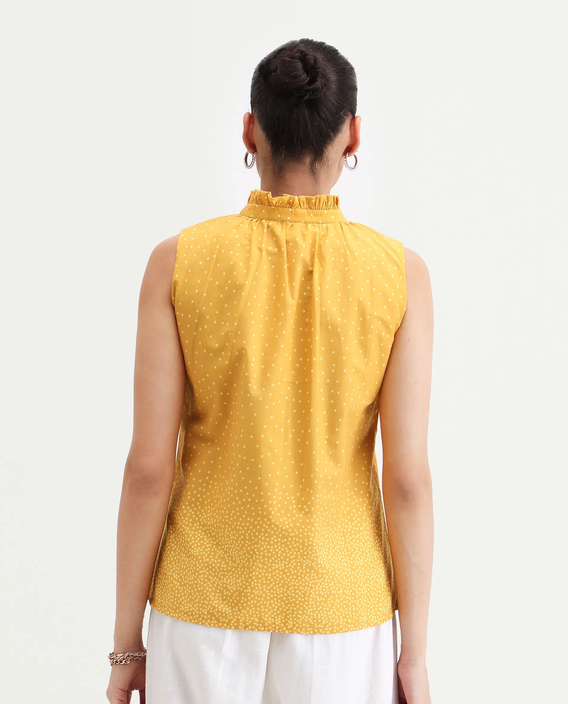 Rareism Women's Janlepo Mustard Cotton Band Collar Polka Print Sleeveless Regular Fit Top