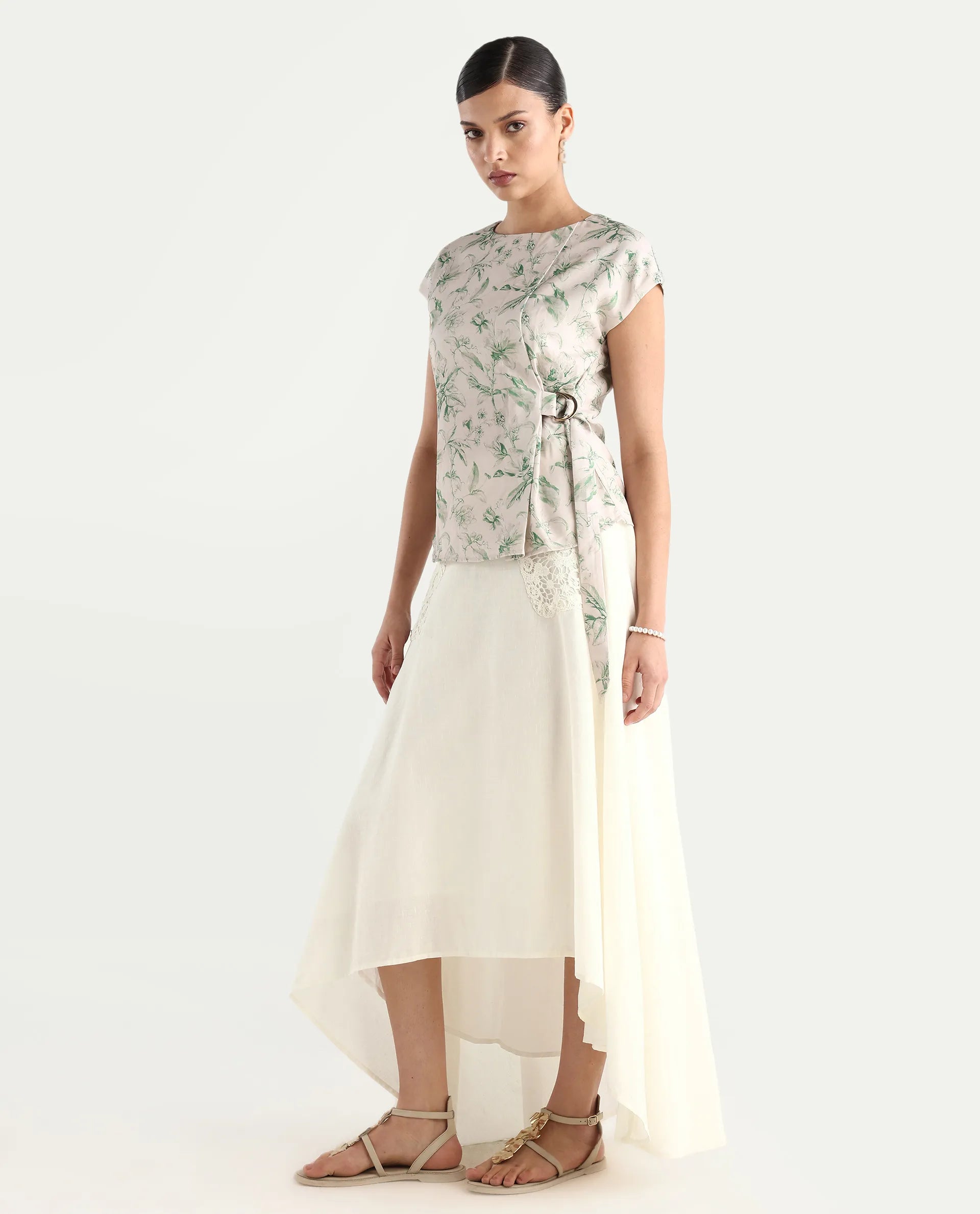 Rareism Women's Janlom B Off White Cotton Blend Plain Ankle Length A-Line Skirt