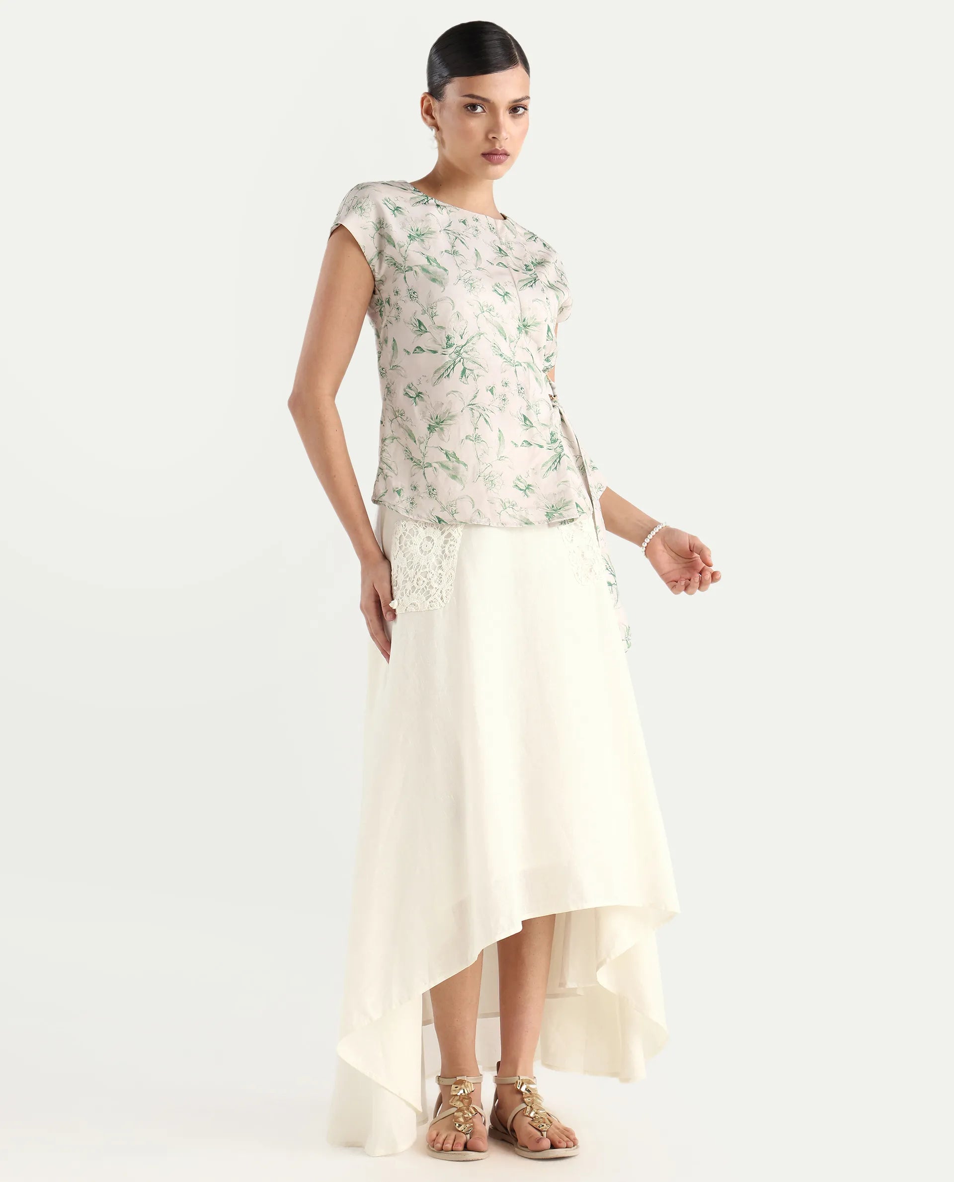 Rareism Women's Janlom B Off White Cotton Blend Plain Ankle Length A-Line Skirt