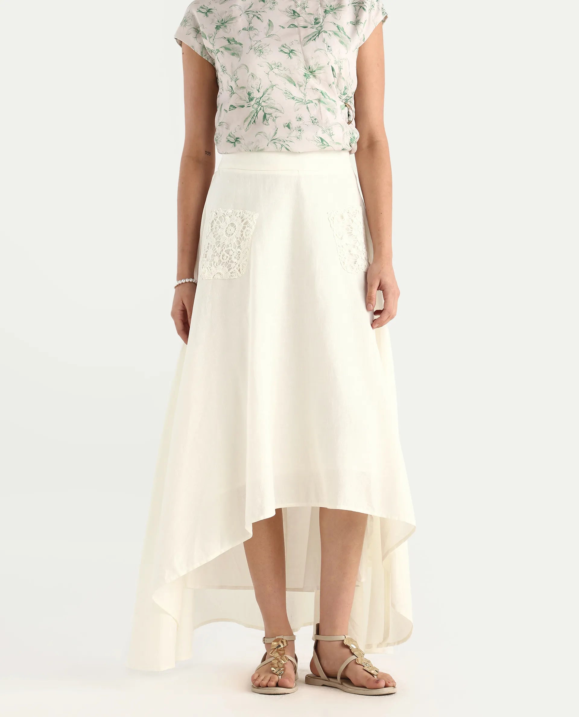 Rareism Women's Janlom B Off White Cotton Blend Plain Ankle Length A-Line Skirt