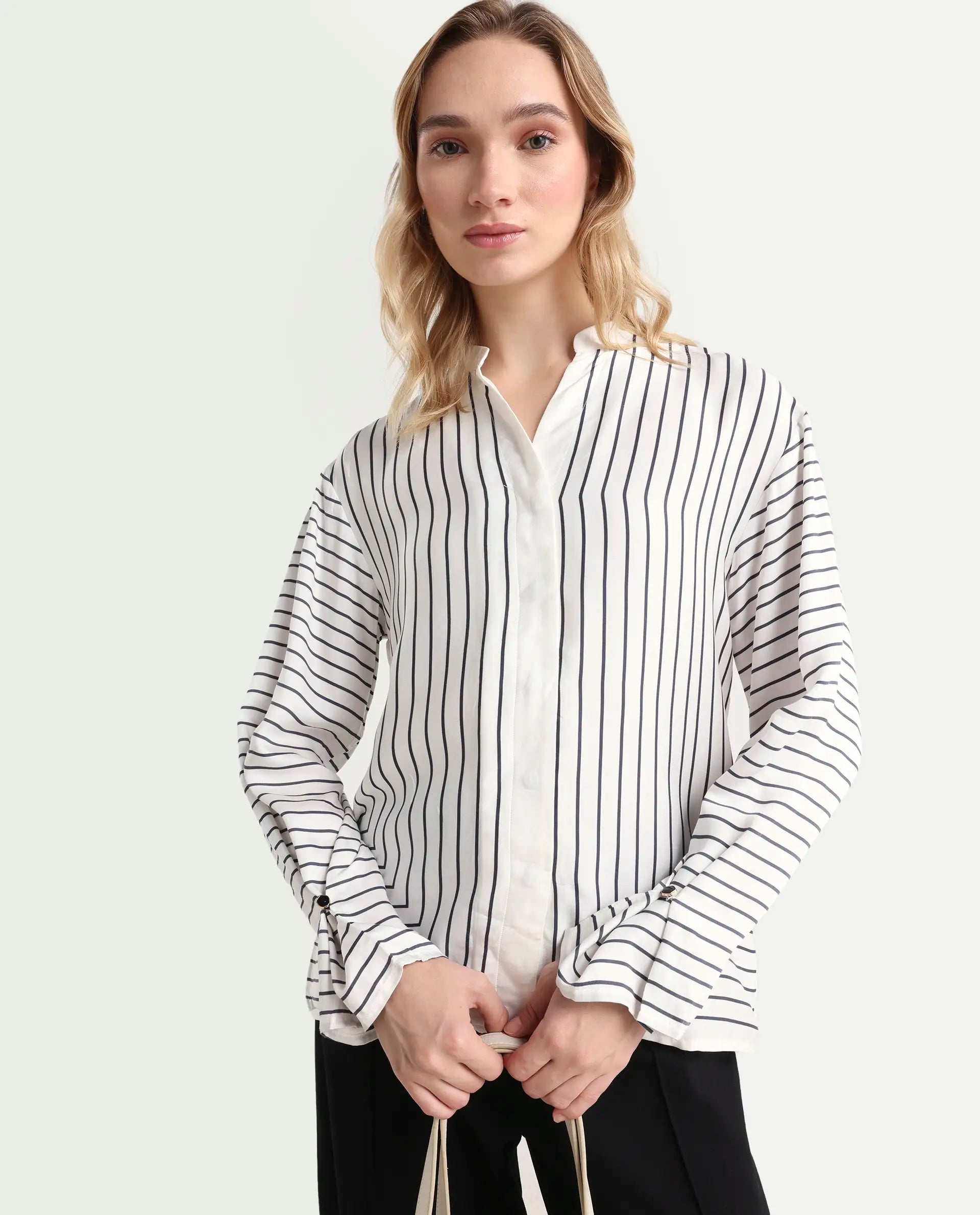Rareism Women's Janlopo Off White Modal Band Collar Striped Regular Fit Top