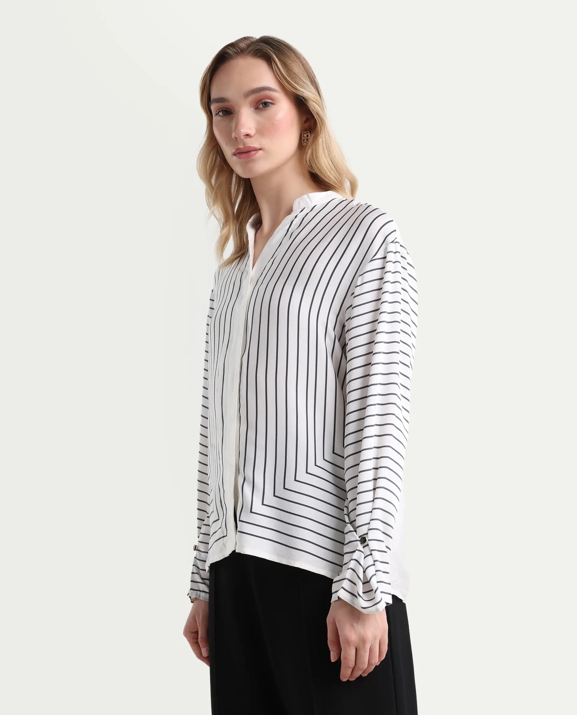 Rareism Women's Janlopo Off White Modal Band Collar Striped Regular Fit Top