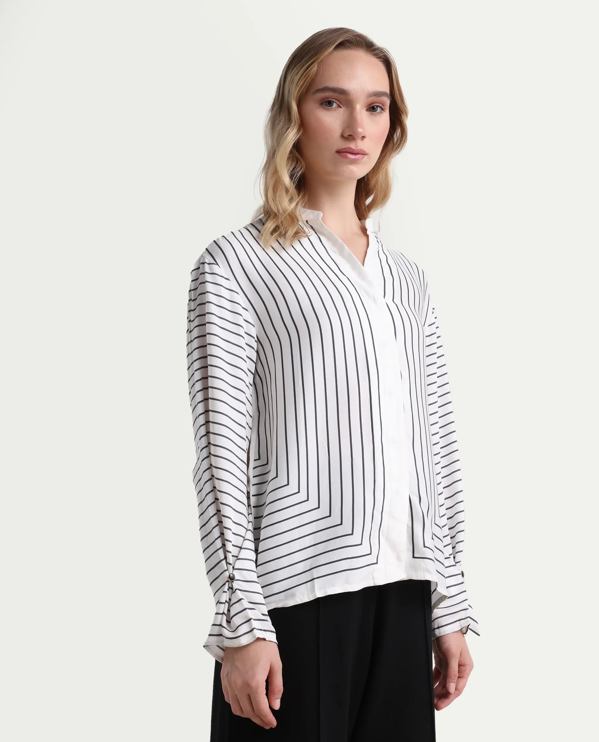 Rareism Women's Janlopo Off White Modal Band Collar Striped Regular Fit Top