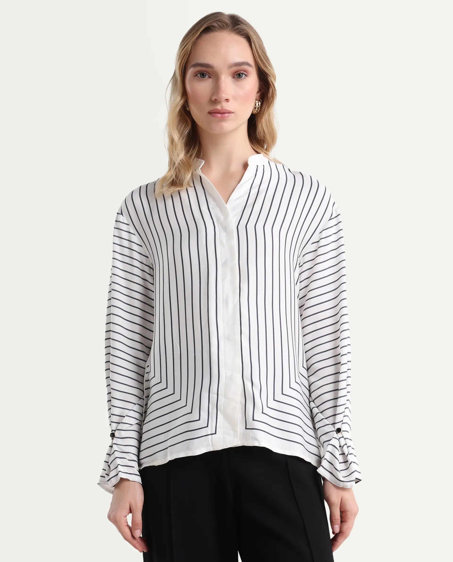 Rareism Women's Janlopo Off White Modal Band Collar Striped Regular Fit Top