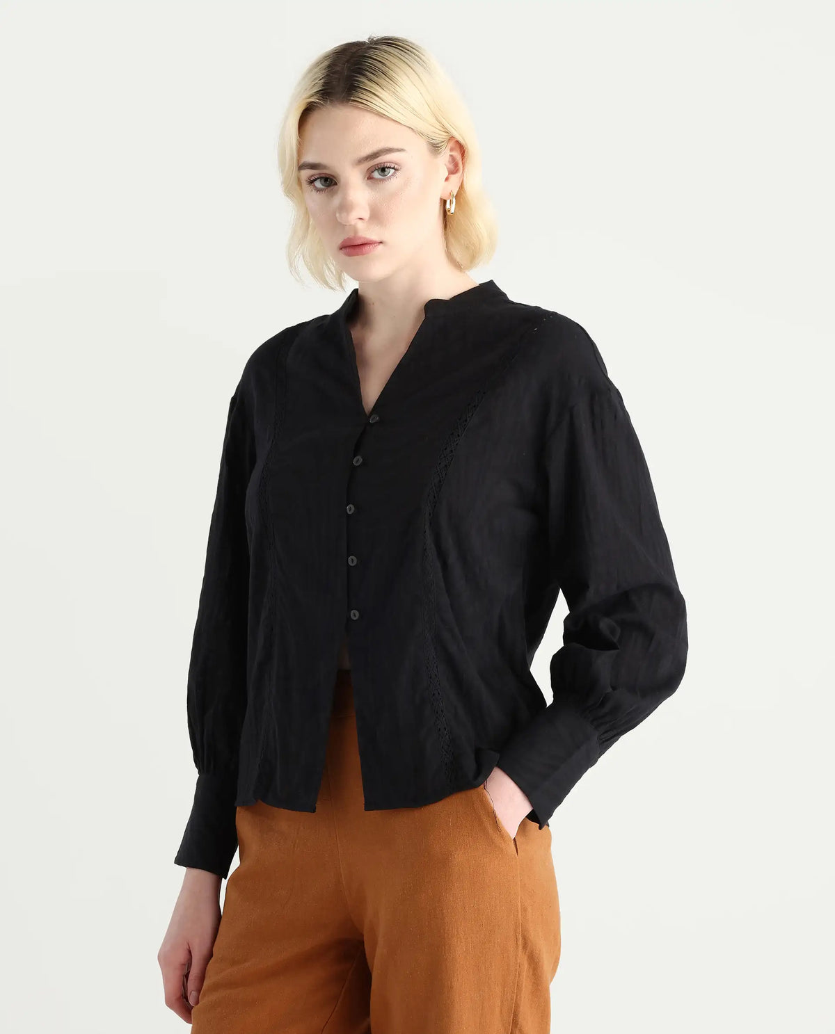 Rareism Women's Janmax Black Cotton Mandarin Collar Plain Cuffed Sleeve Regular Fit Top