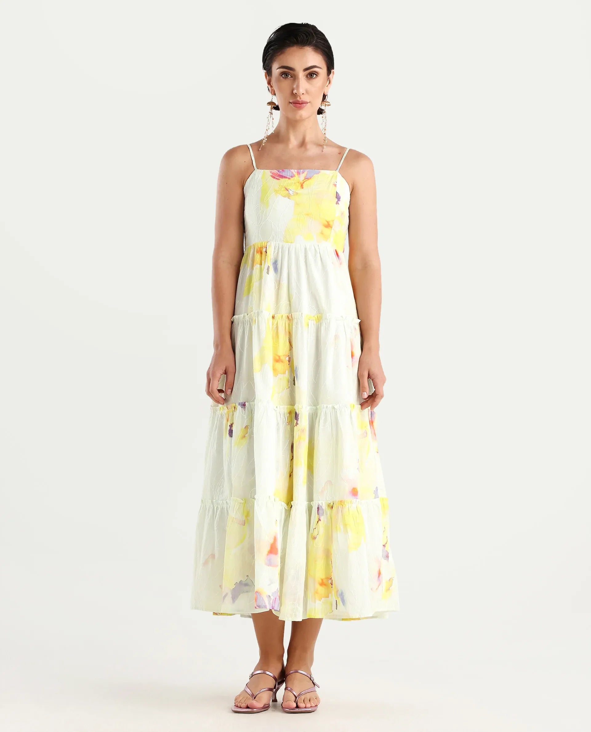 Rareism Women's Jannew Light Multi Cotton Shoulder Strap Floral Print Sleeveless Maxi Fit And Flare Dress