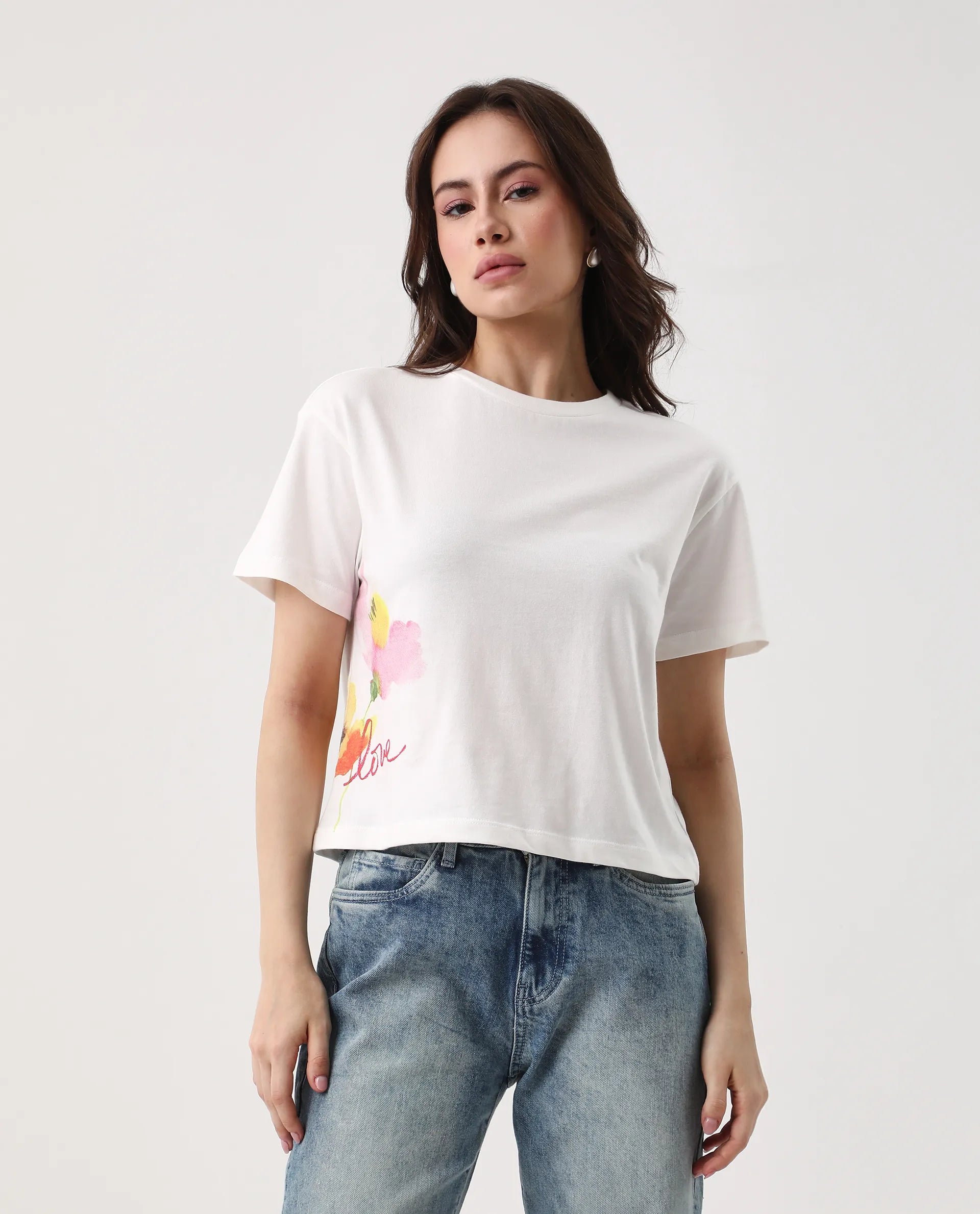 Rareism Women's Janol Off White Cotton Round Neck Floral Print Crop Regular Fit T-Shirt