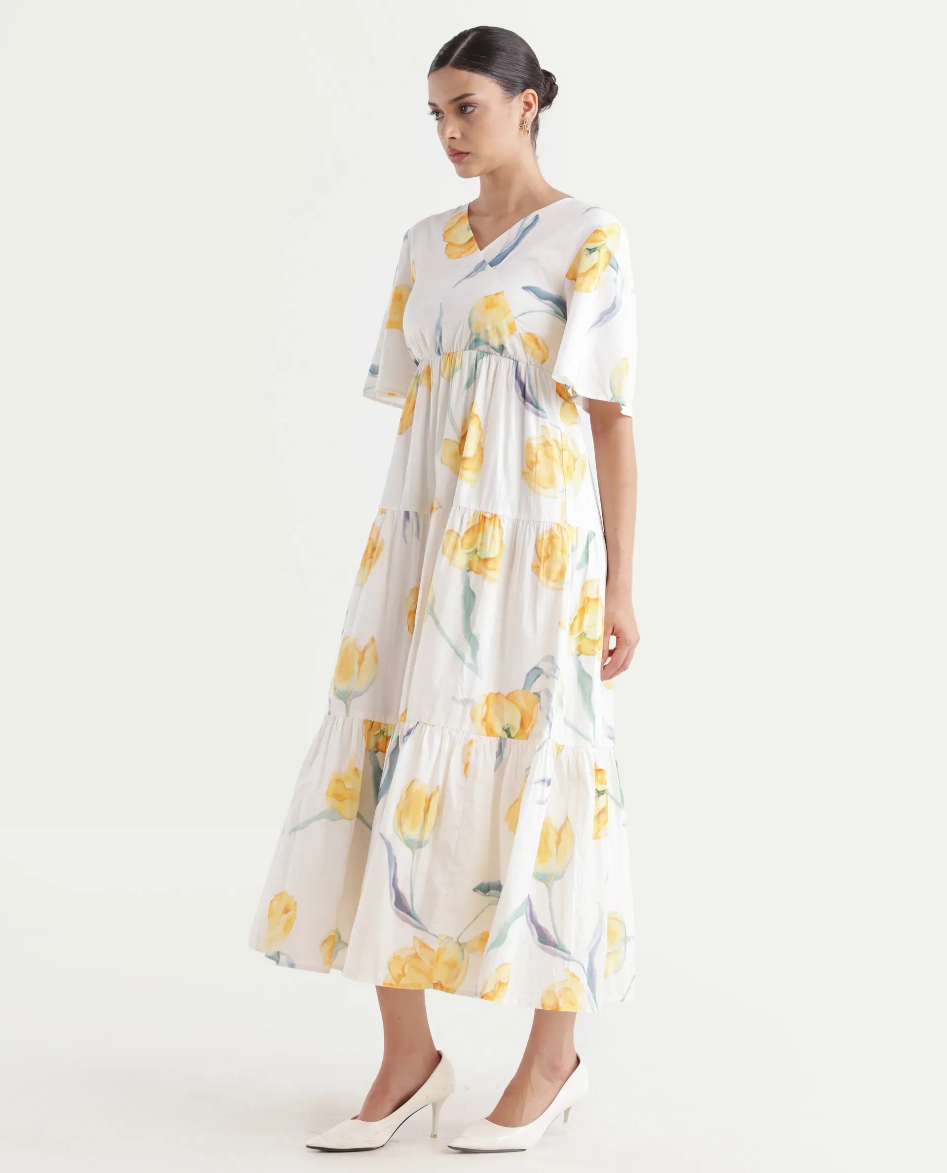 Rareism Women's Janpa Off White Cotton Overlap Neck Floral Print Ruffled Sleeve Maxi Fit And Flare Dress