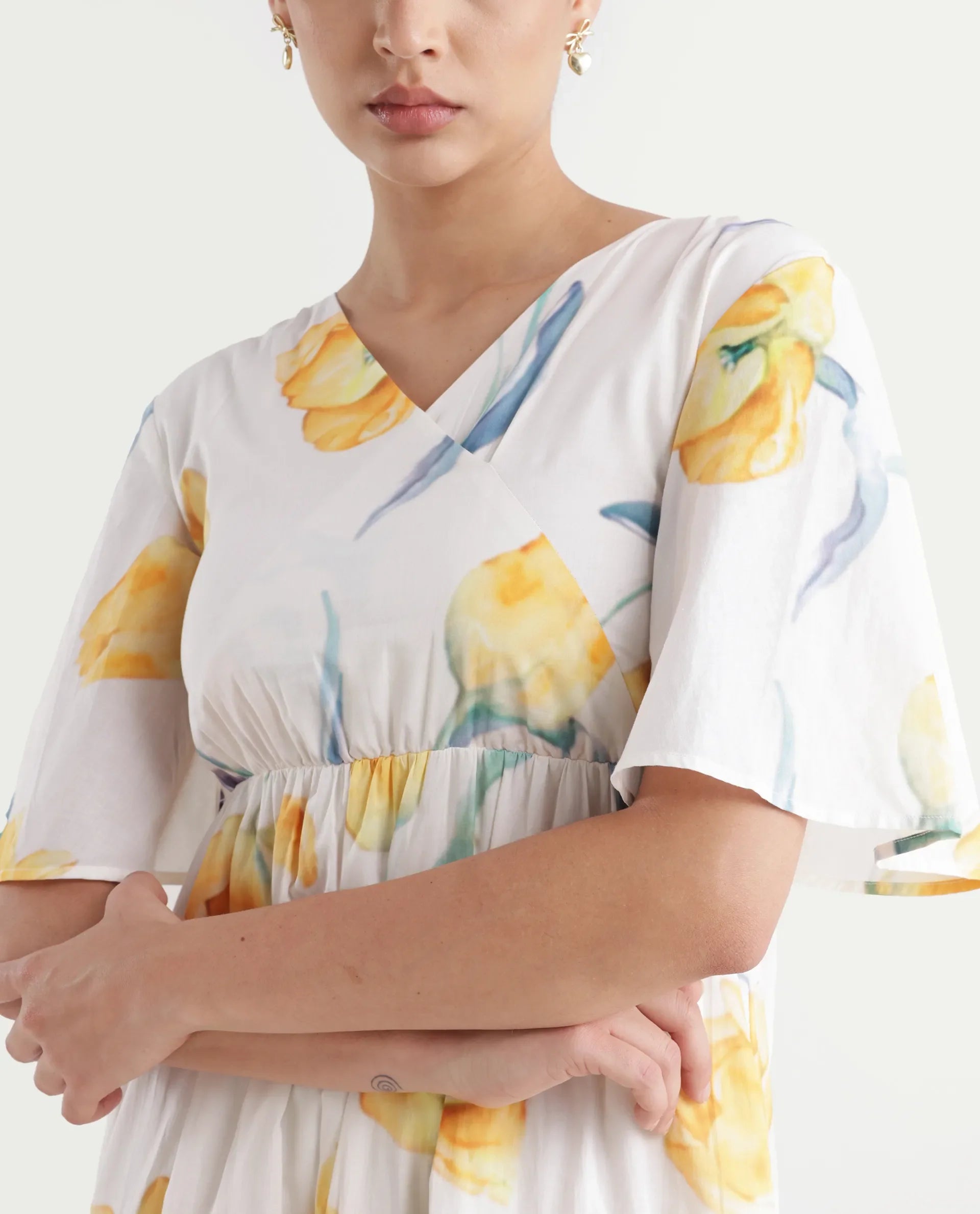 Rareism Women's Janpa Off White Cotton Overlap Neck Floral Print Ruffled Sleeve Maxi Fit And Flare Dress