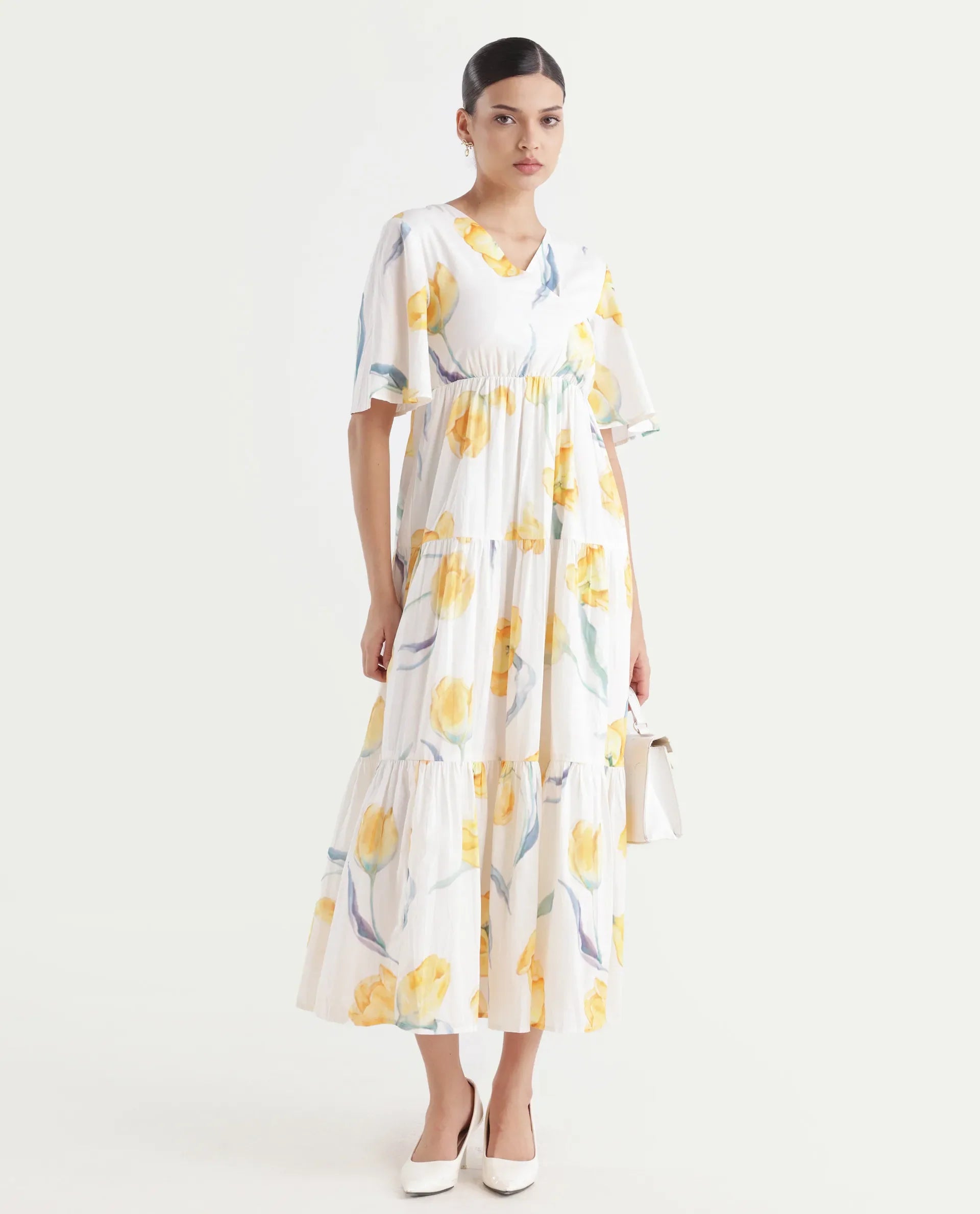 Rareism Women's Janpa Off White Cotton Overlap Neck Floral Print Ruffled Sleeve Maxi Fit And Flare Dress