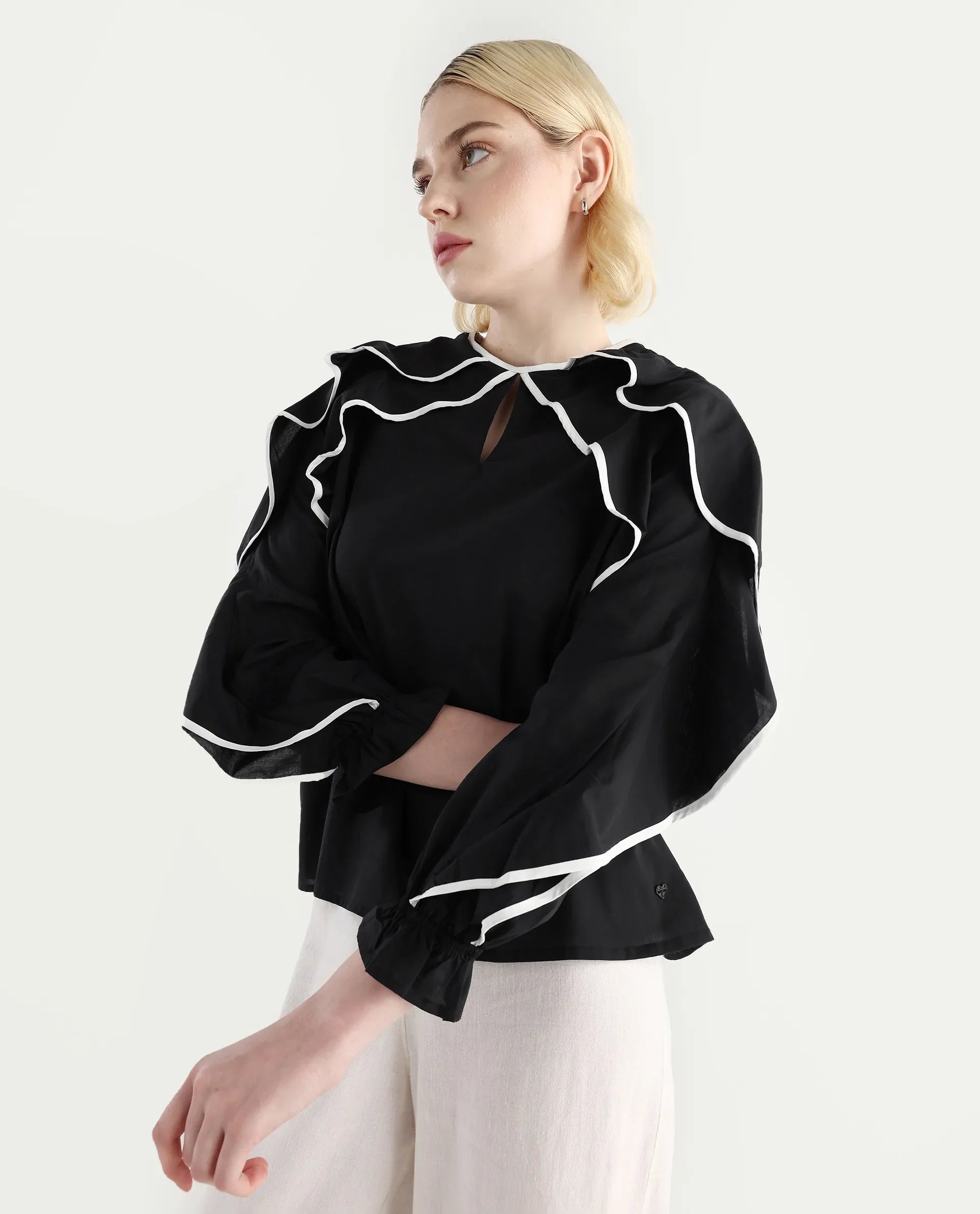 Rareism Women's Janpara Black Modal Round Neck Printed Raglan Sleeve Regular Fit Top