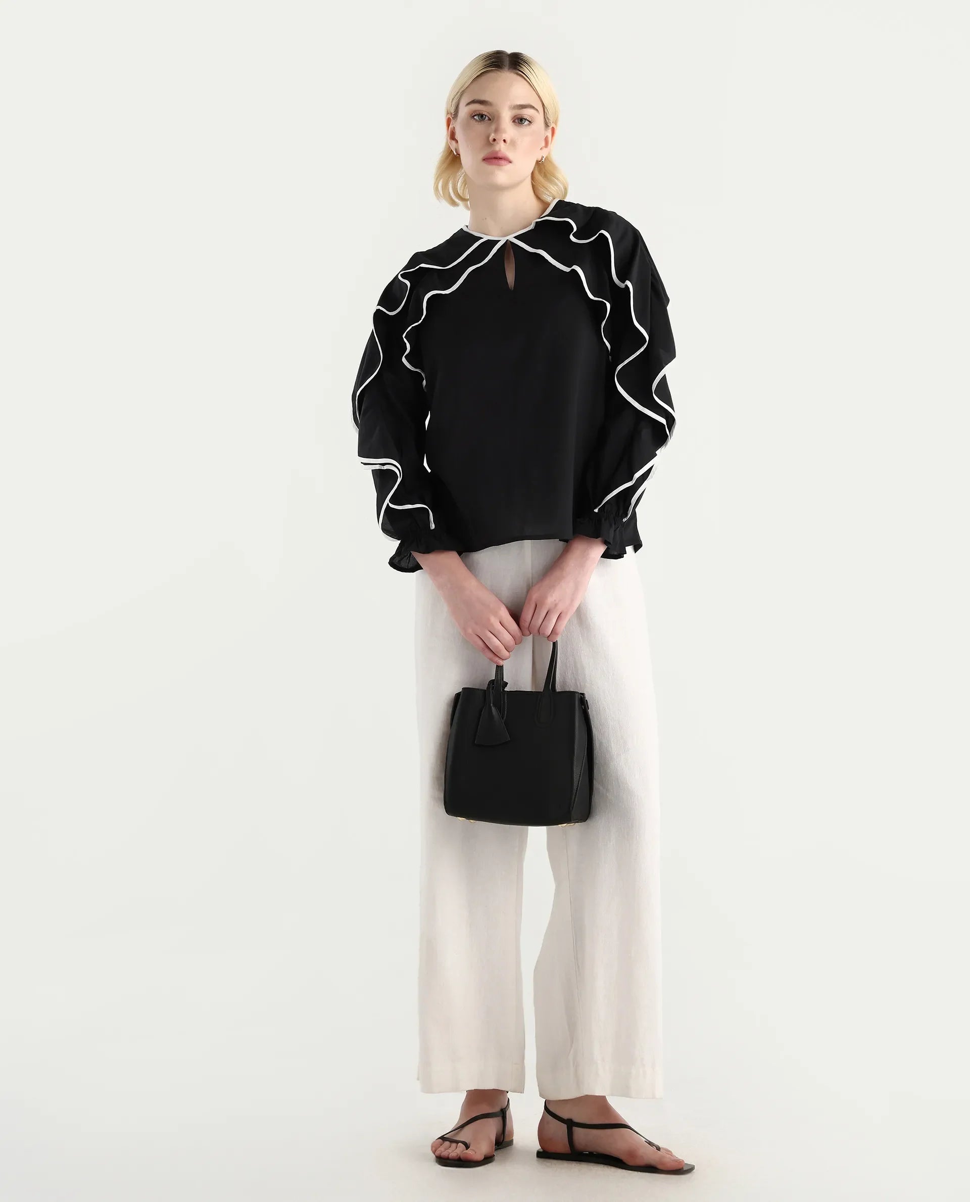 Rareism Women's Janpara Black Modal Round Neck Printed Raglan Sleeve Regular Fit Top