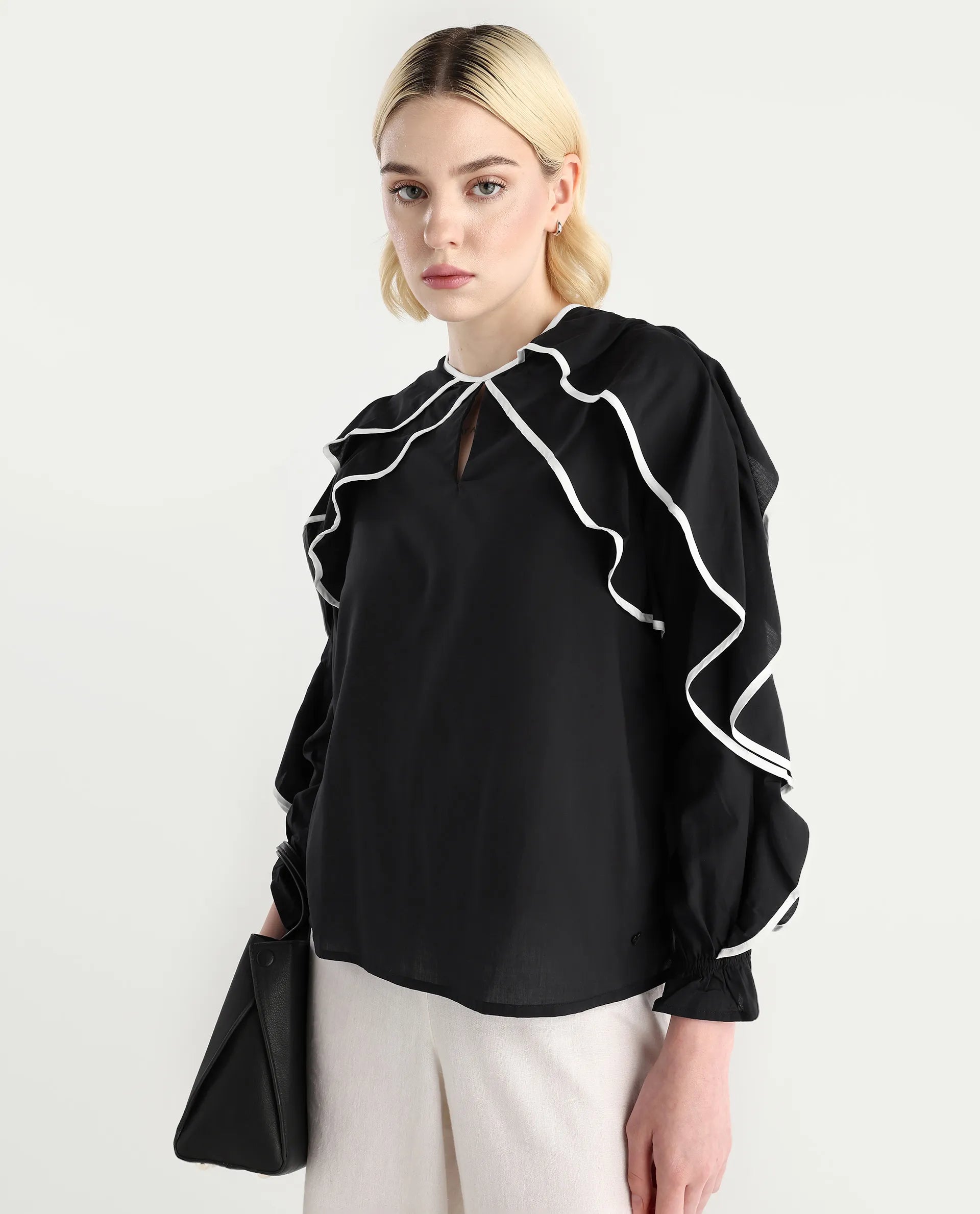 Rareism Women's Janpara Black Modal Round Neck Printed Raglan Sleeve Regular Fit Top