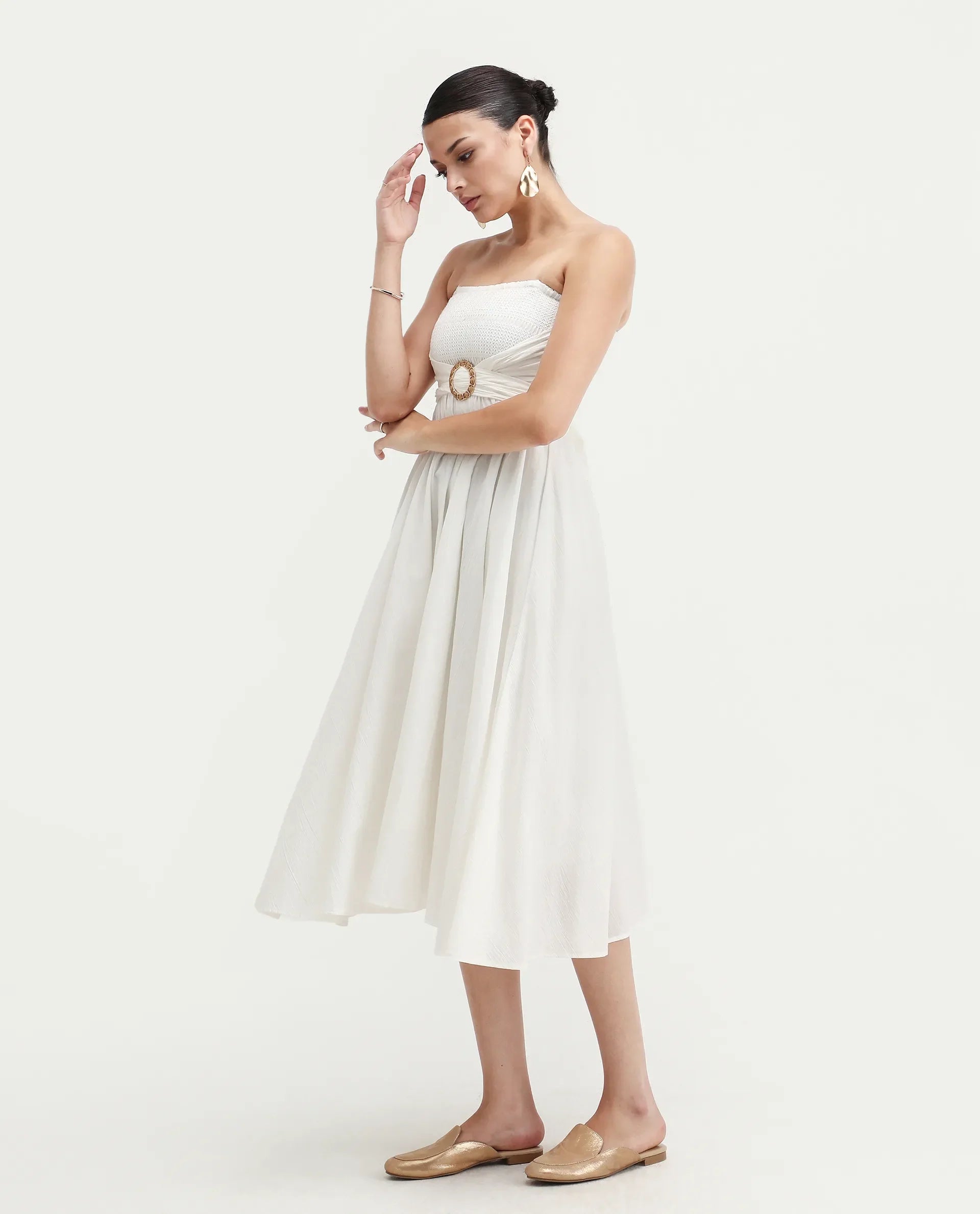 Rareism Women's Janpla Off White Cotton Tube Neck Plain Sleeveless Midi Fit And Flare Dress