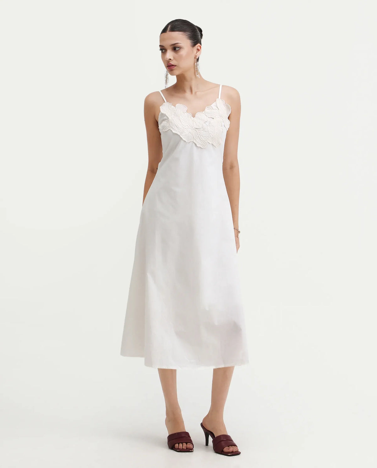 Rareism Women's Janpola White Cotton Shoulder Strap Embroidered Midi Flared Dress
