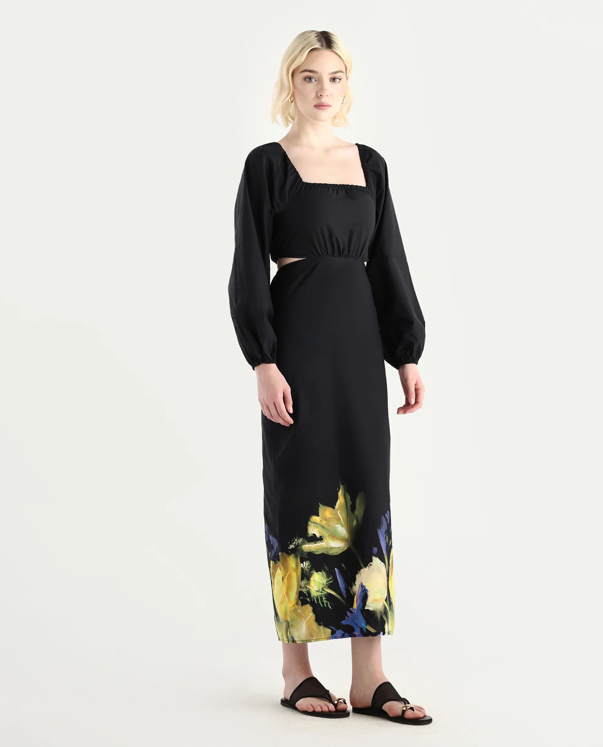 Rareism Women's Janqurt Black Cotton Square Neck Floral Print Bishop Sleeve Maxi Fitted Dress