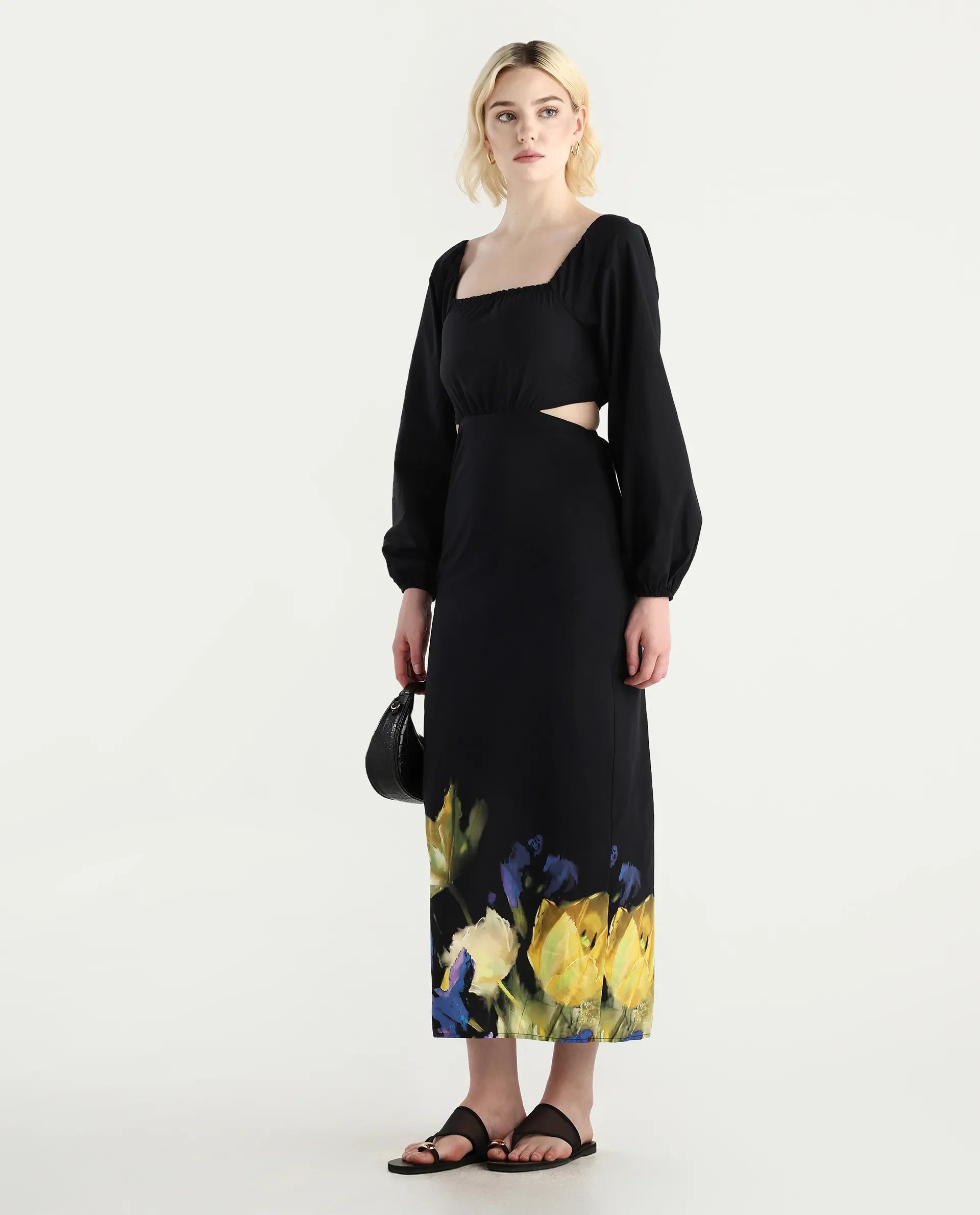 Rareism Women's Janqurt Black Cotton Square Neck Floral Print Bishop Sleeve Maxi Fitted Dress