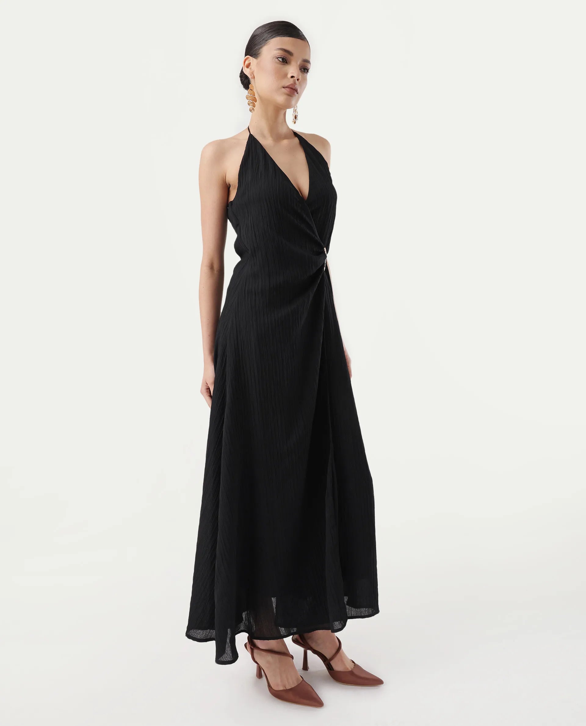 Rareism Women's Janram Black Polyester Tie-Up Neck Plain Sleeveless Maxi Wrap Dress