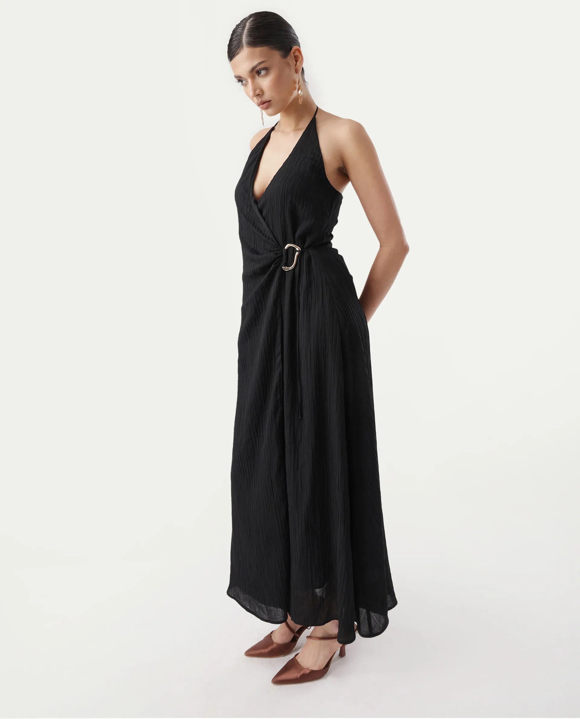 Rareism Women's Janram Black Polyester Tie-Up Neck Plain Sleeveless Maxi Wrap Dress