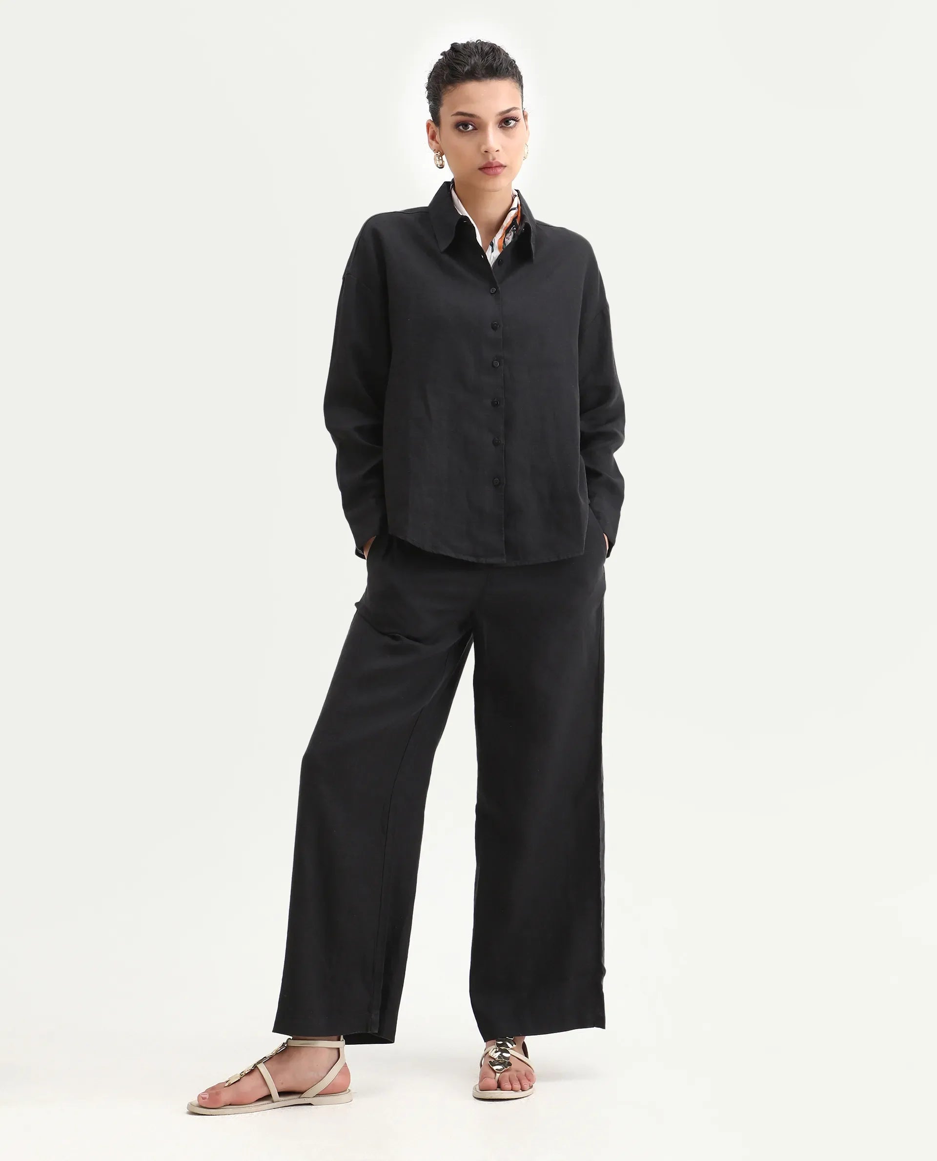 Rareism Women's Janria B Black Linen Plain Ankle Length Wide Trouser