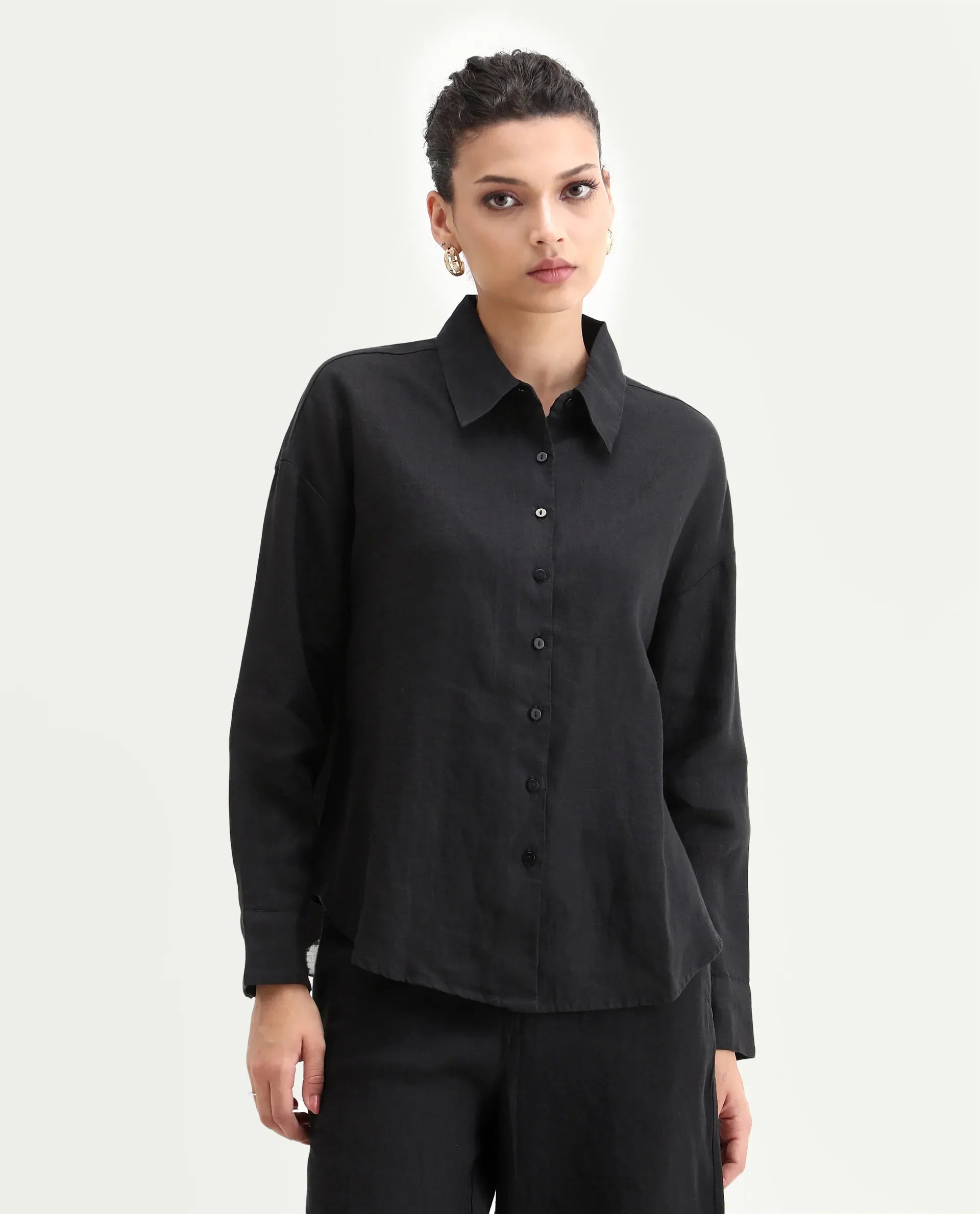 Rareism Women's Janria T Black Linen Spread Collar Plain Cuffed Sleeve Regular Fit Top