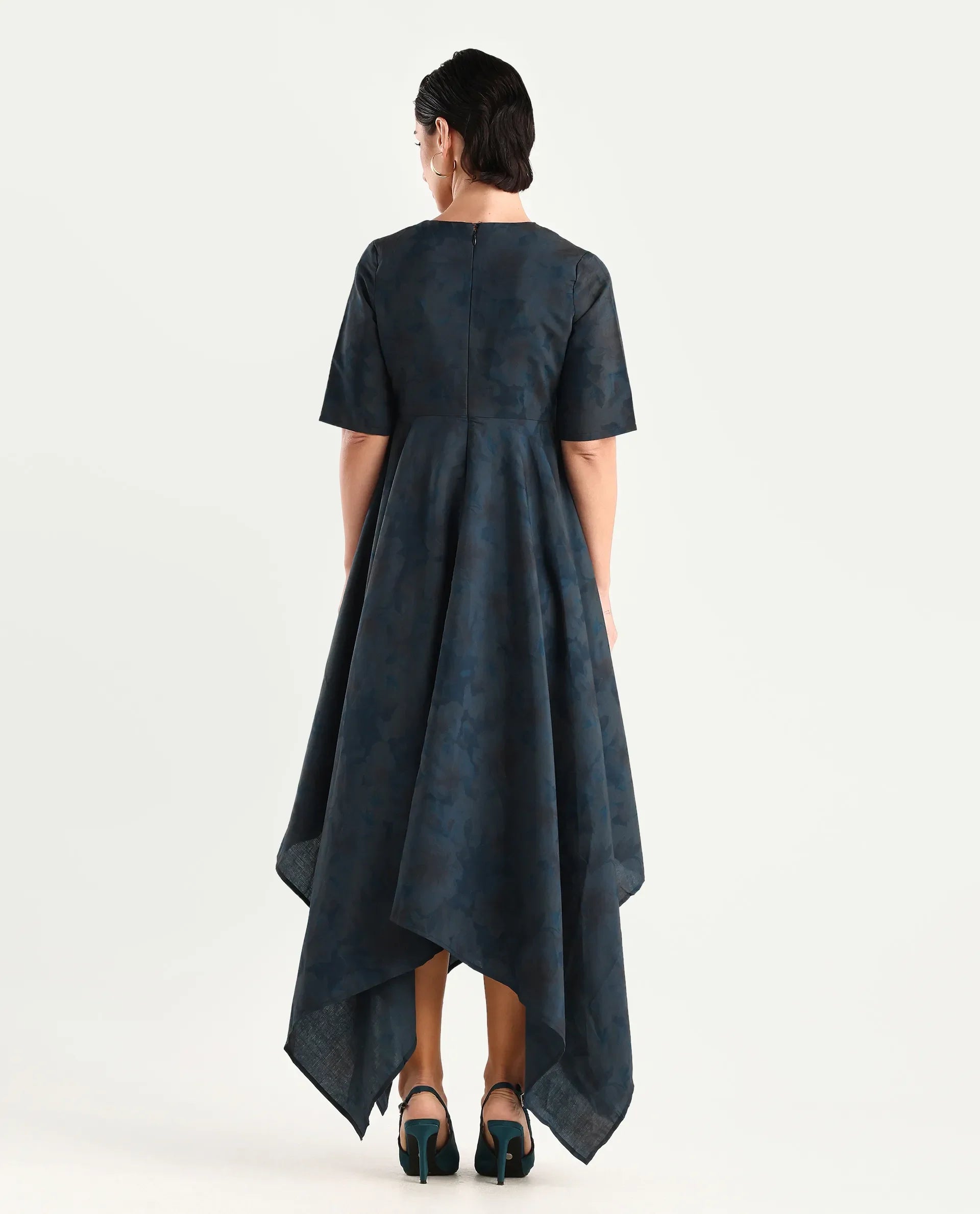 Rareism Women's Janrims Dark Blue Polyester V-Neck Floral Print Bell Sleeve Maxi Fit And Flare Dress