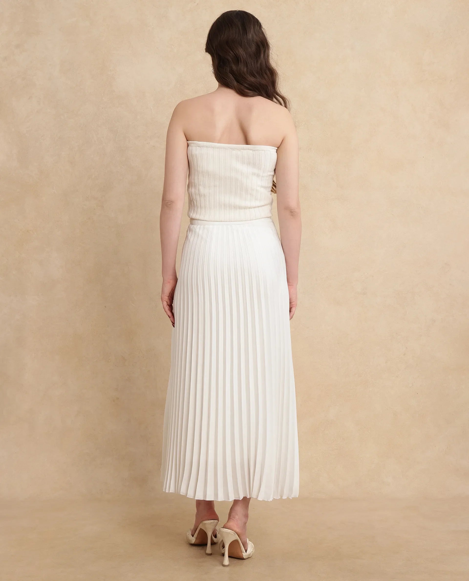 Rareism Women Jansu Off White Polyester Fabric V-Neck Flared Midi Plain Skirt