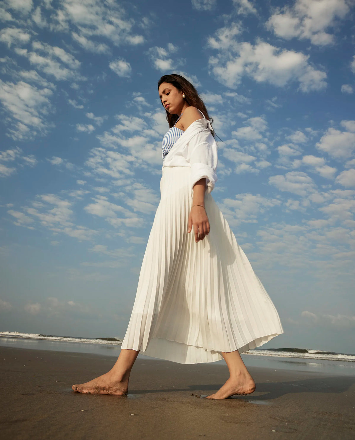 Rareism Women's Jansu Off White Polyester Plain Midi Flared Skirt