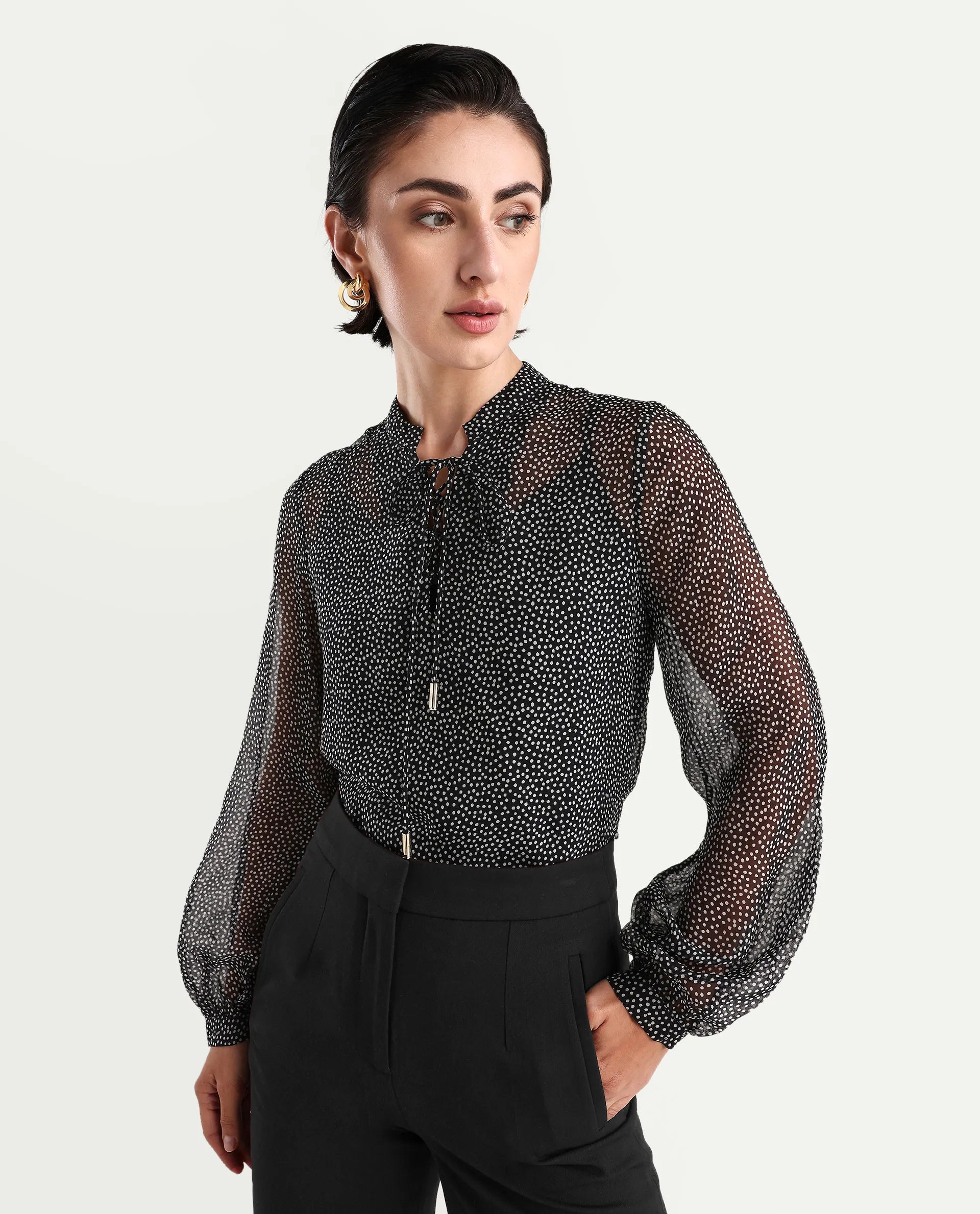 Rareism Women's Jantab Black Viscose Band Collar Polka Print Bishop Sleeve Relaxed Fit Top