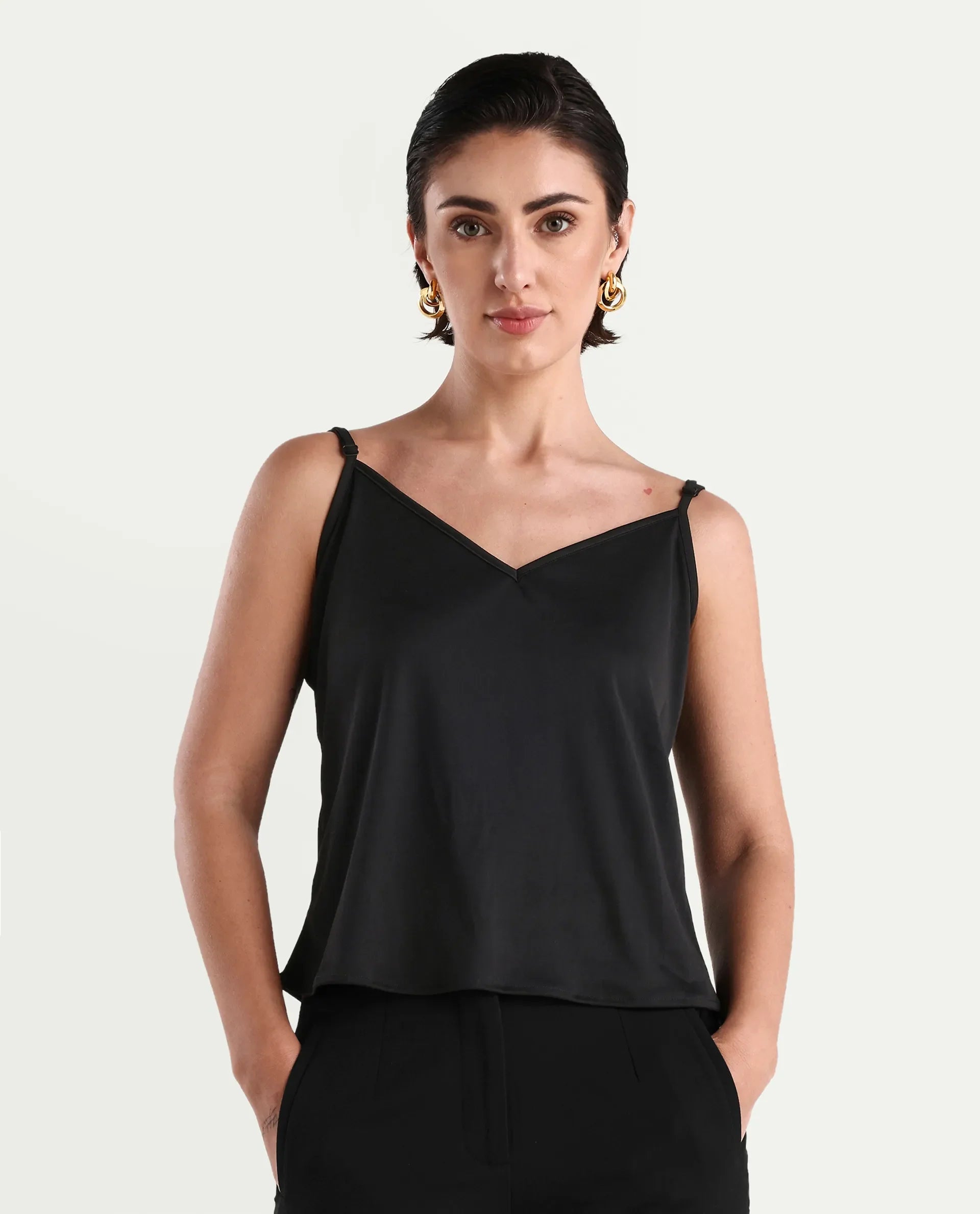 Rareism Women's Jantab Black Viscose Band Collar Polka Print Bishop Sleeve Relaxed Fit Top