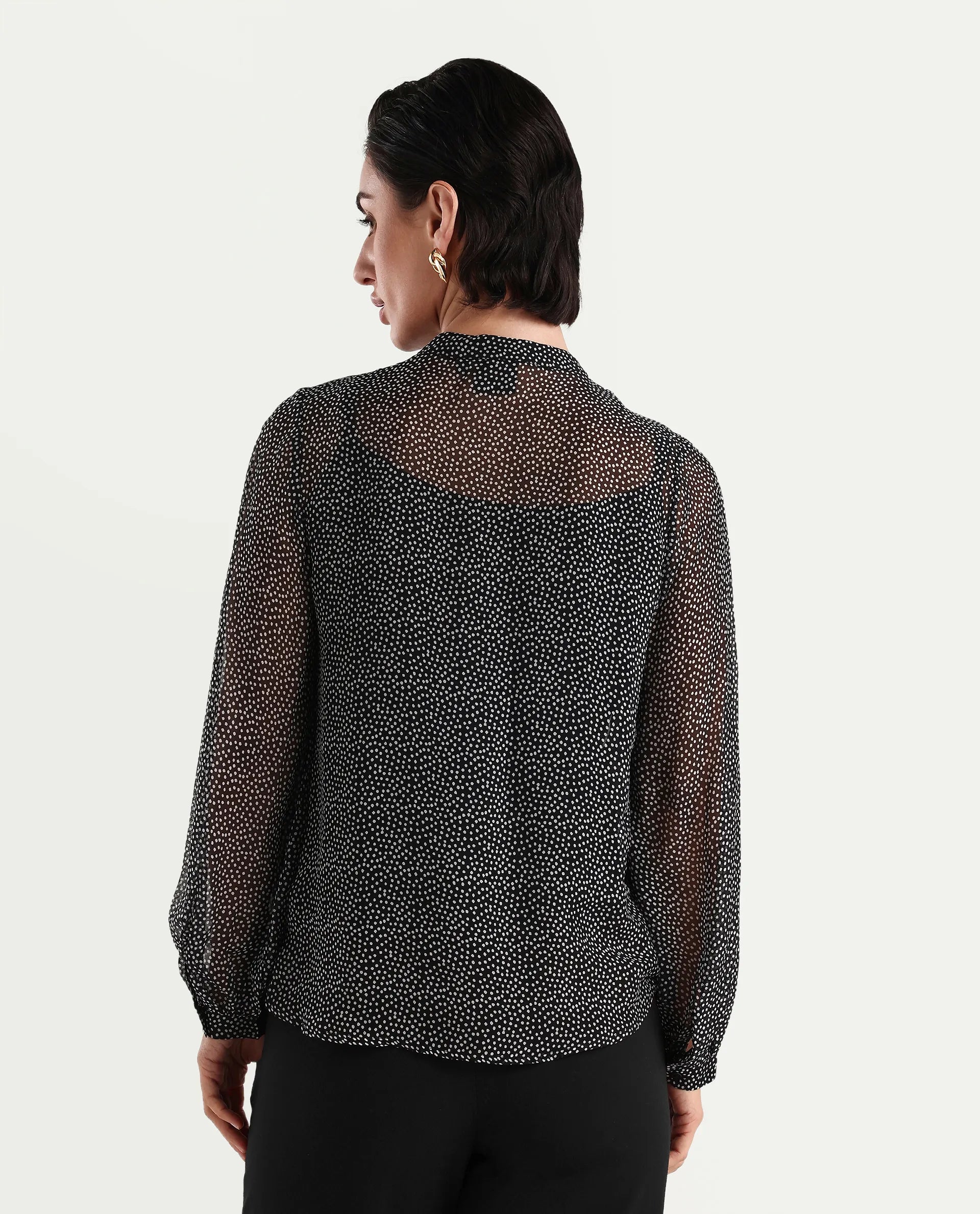 Rareism Women's Jantab Black Viscose Band Collar Polka Print Bishop Sleeve Relaxed Fit Top