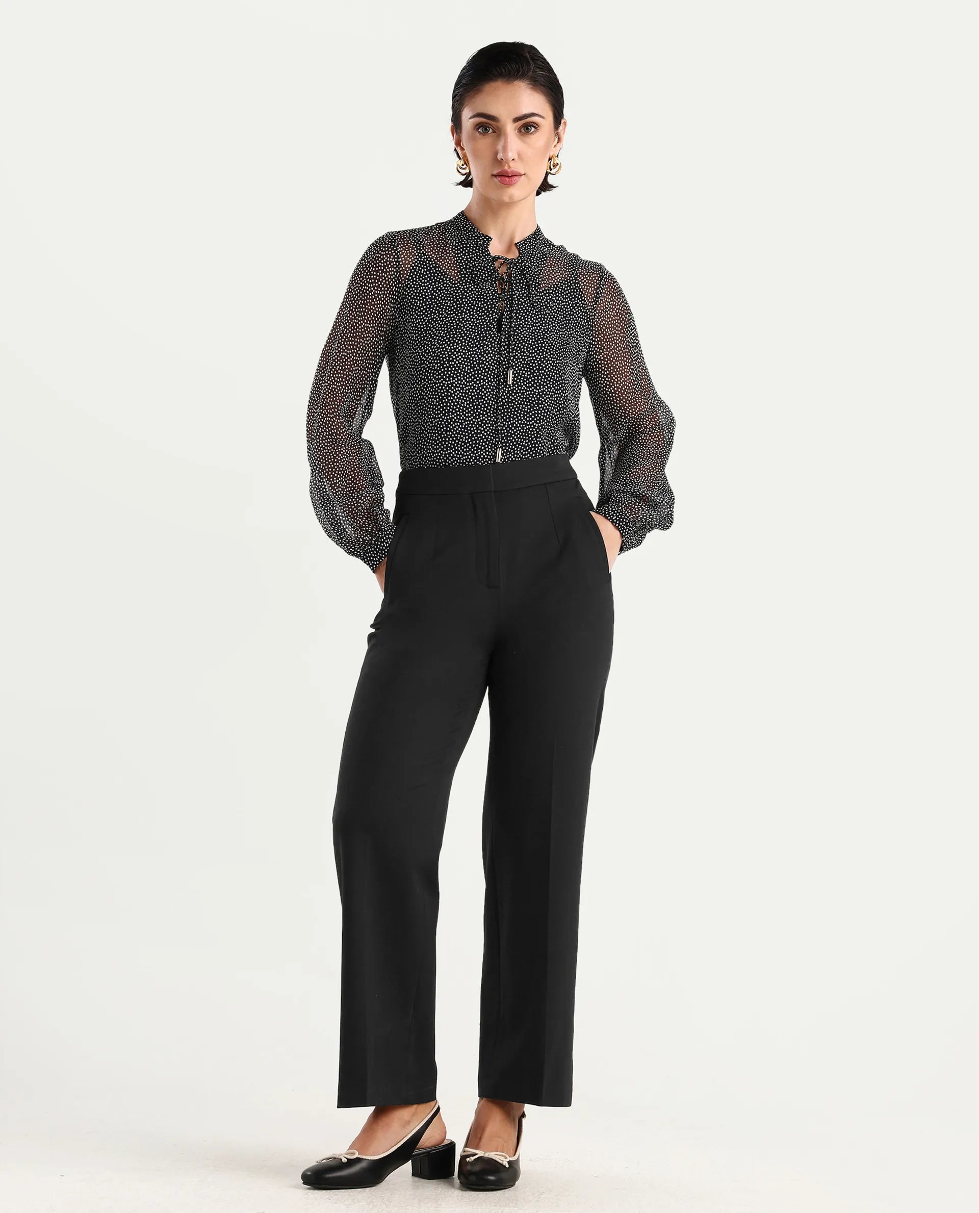 Rareism Women's Jantab Black Viscose Band Collar Polka Print Bishop Sleeve Relaxed Fit Top